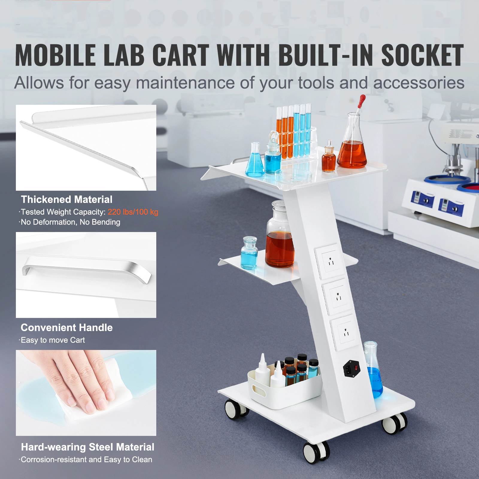 HONGGE 3-Layer Metal Rolling Lab Cart with Swivel Wheels, 220 lbs Capacity for Clinic, Beauty, and Salon