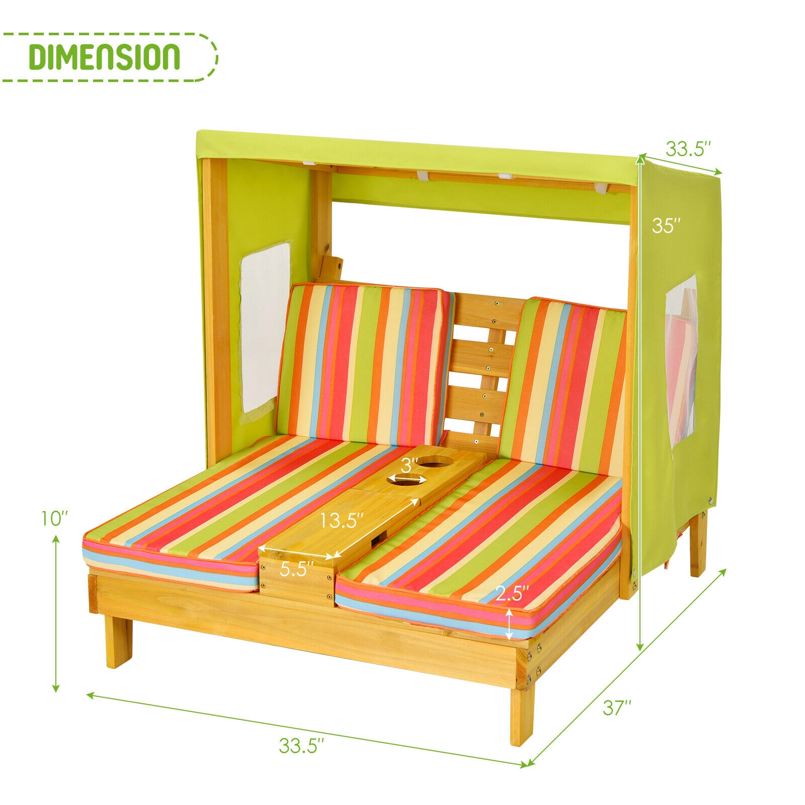 SUGIFT Cup Holders and Striped Awning Kids Double Patio Lounge Chair