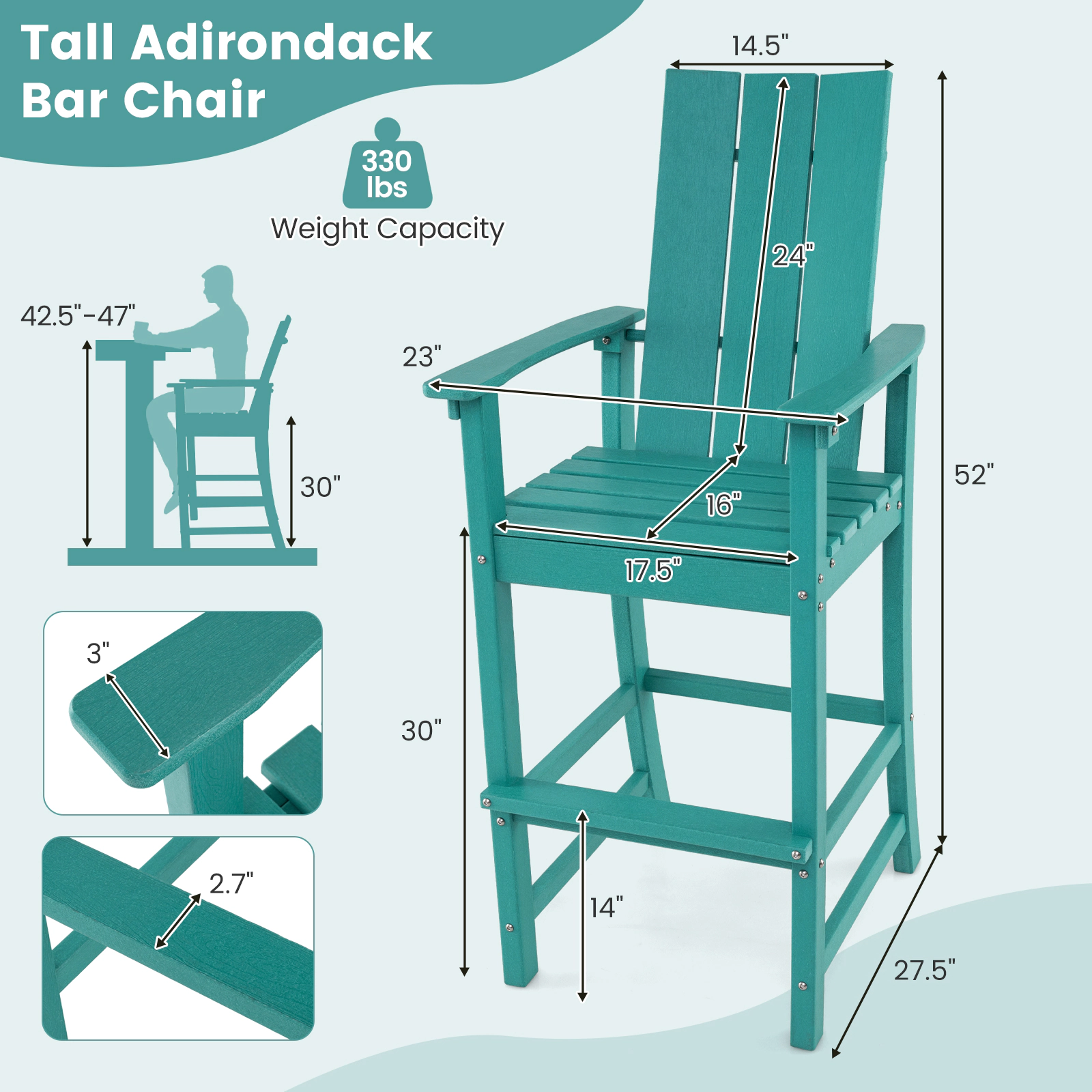 SUGIFT Turquoise HDPE Adirondack Outdoor Bar Stool, 30-in Seat, Footrest and Wide Armrests