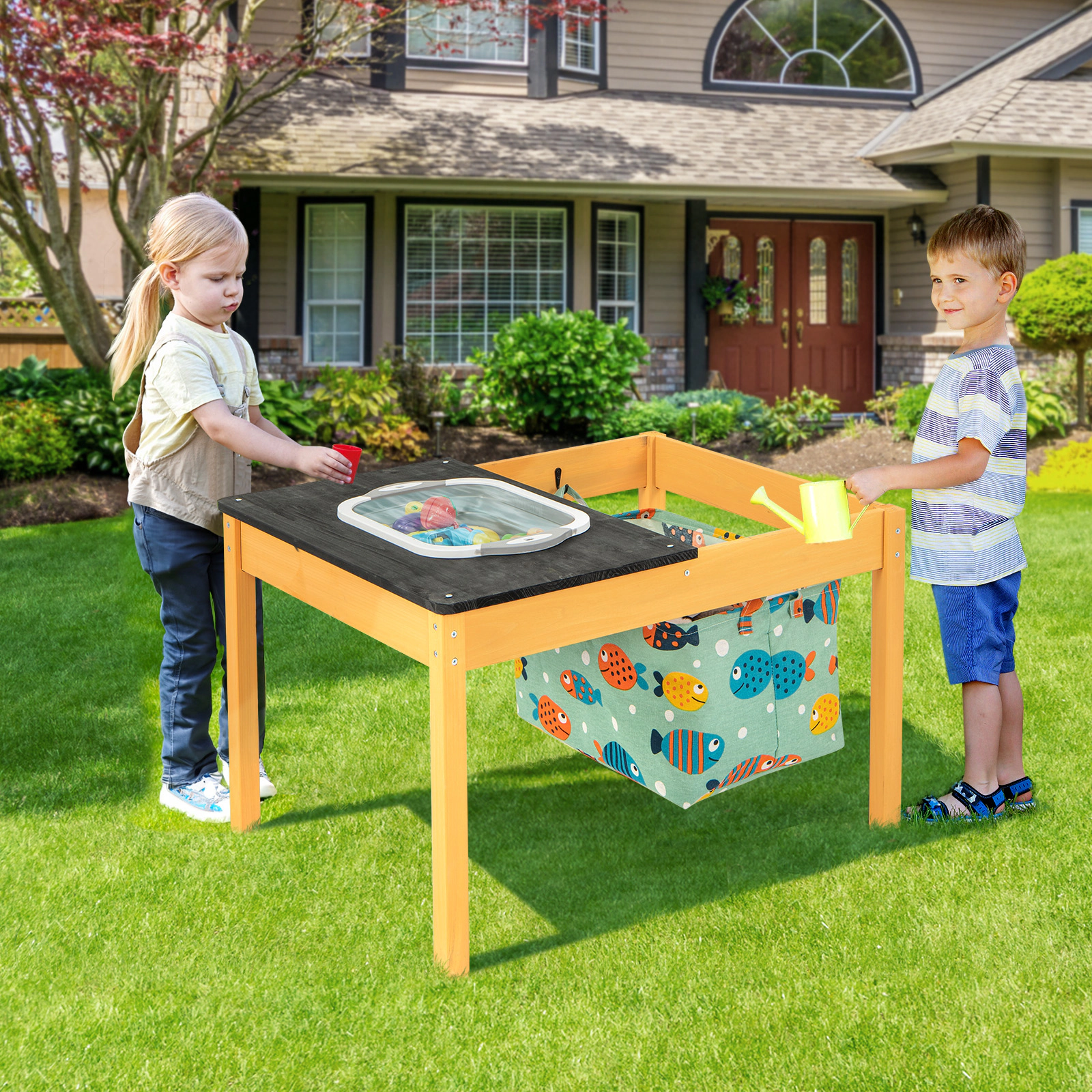 SUGIFT 3-in-1 Kids Sand and Water Table with Removable Racing Top, Drain Basin, Storage Bin, Natural and Black