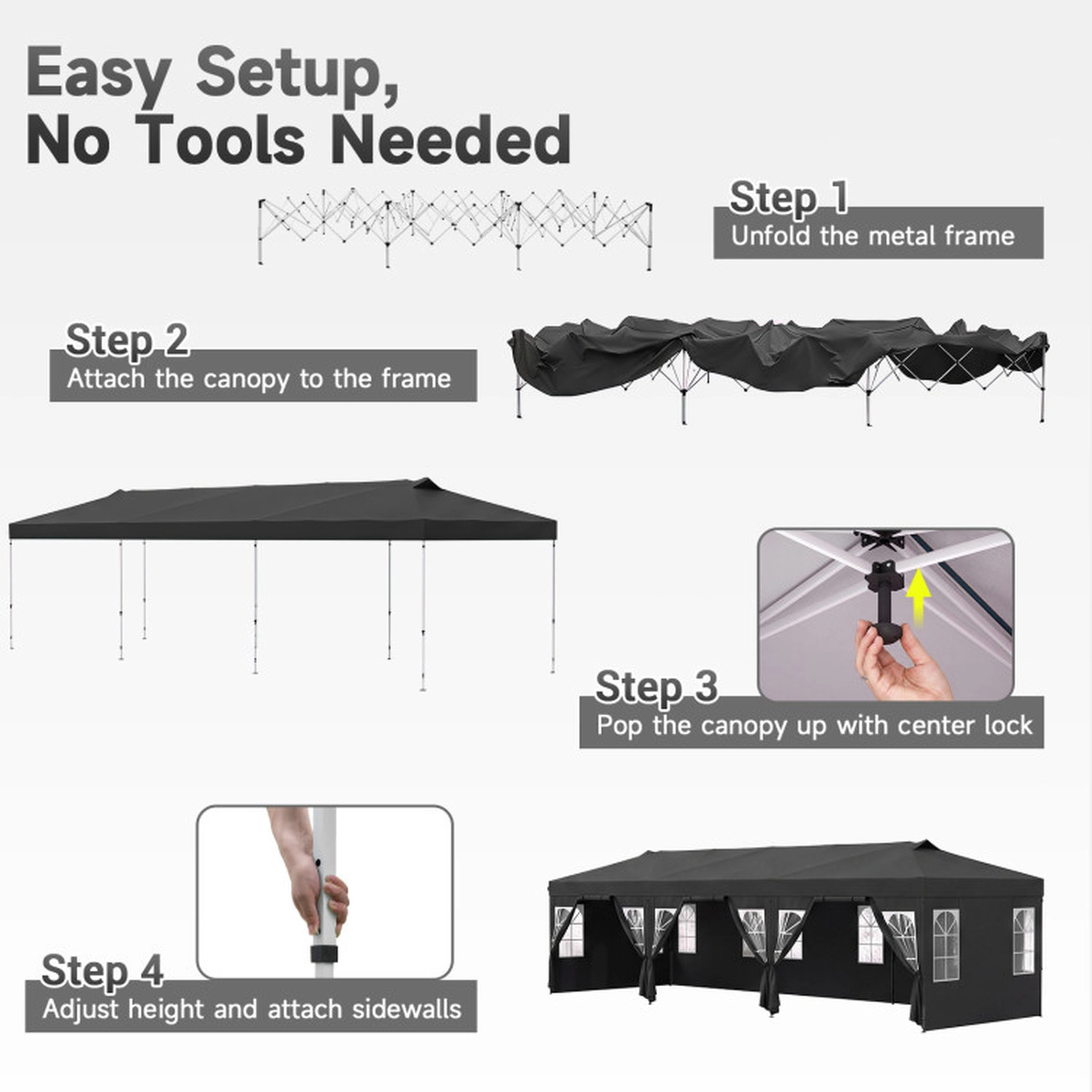 SUGIFT 10 x 30FT Pop Up Outdoor Canopy Gazebo Tent with 8 Sidewalls and Adjustable Height Black