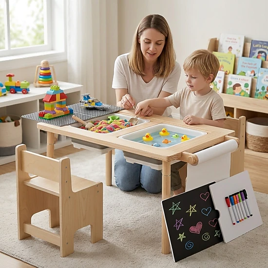 SUGIFT Kids Sensory Activity Table and 2-Chair Set, Adjustable Height, Natural Wood