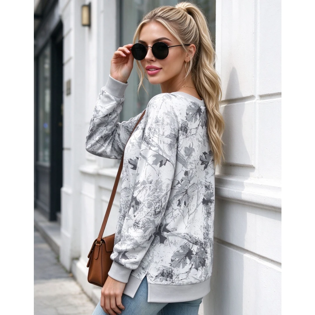 Coolmee Women's Color Block Printed Loose Long Sleeve Ribbed Round Neck Sweatshirt Top All Season