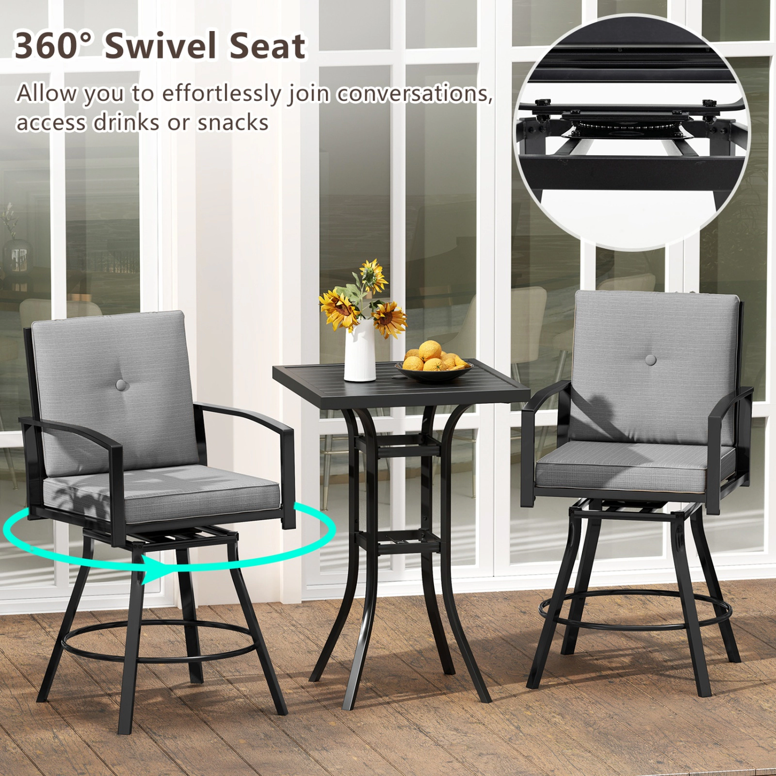 SUGIFT 3-Piece 360-Degree Swivel Stools Cushions Umbrella Hole Patio Bar Set 25-in x 25-in 180-lb Capacity Gray