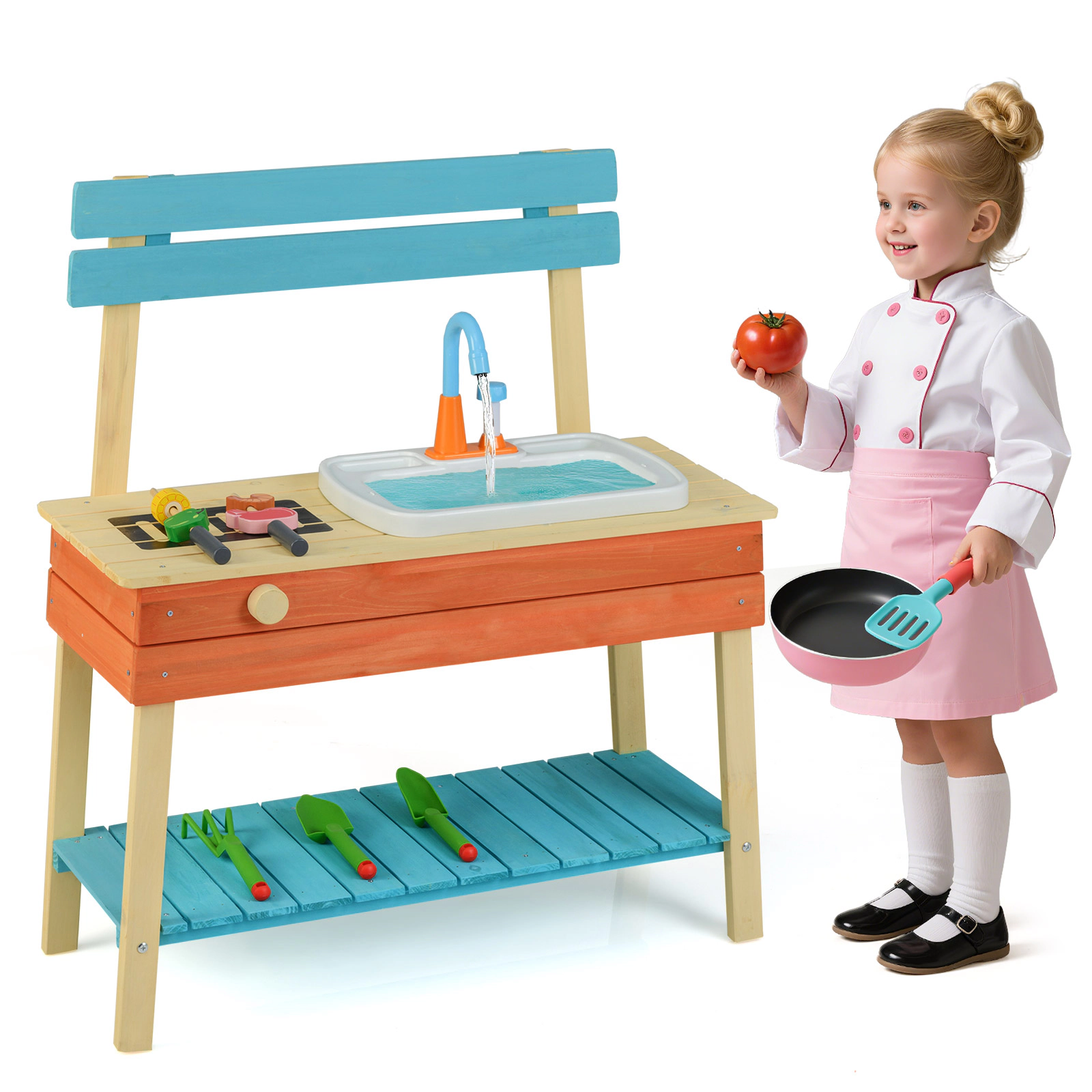 LJG Kids Play Kitchen Set Wooden Kitchen Playset Chef Pretend Mud Kitchen
