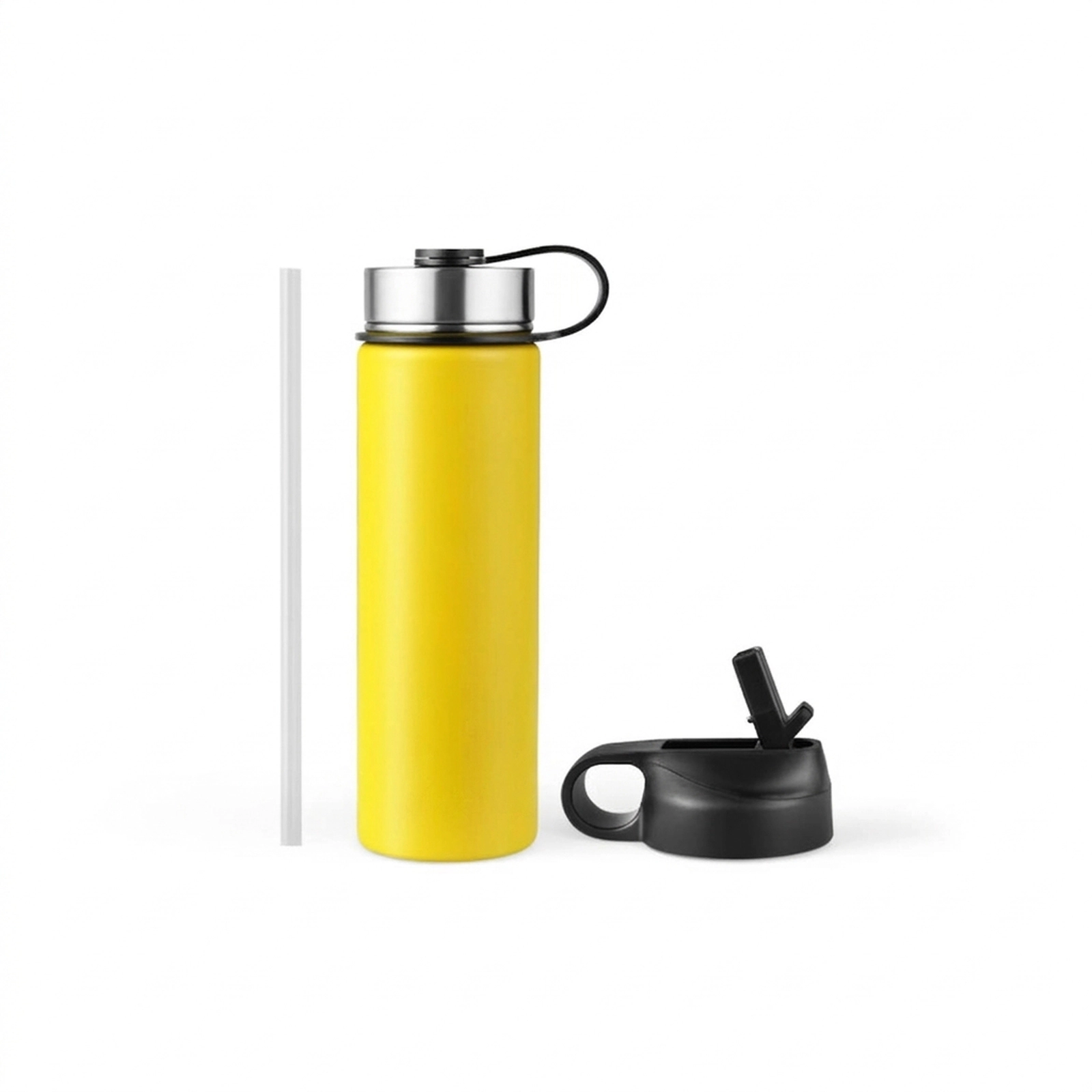 SUGIFT 22-oz Yellow Insulated Stainless Steel Water Bottle with 2 Lids and Flip-Up Straw 3-in Dia 9.6-in H