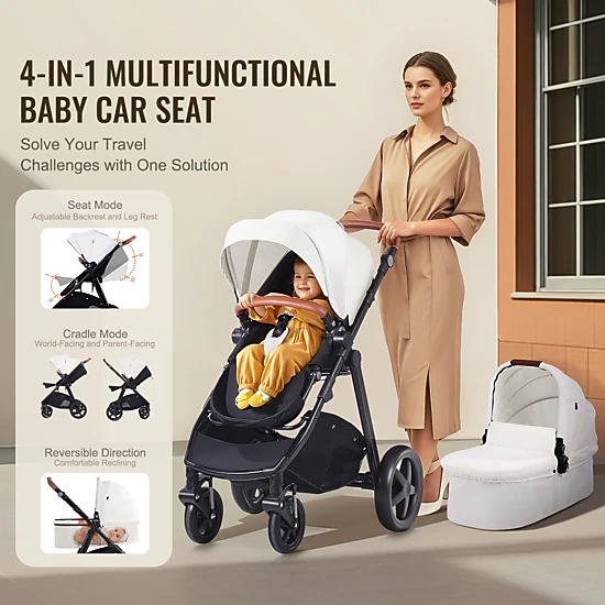 HONGGE 2-in-1 Baby Travel System Stroller with Infant Bassinet, Reversible Seat & One-Button Fold, White