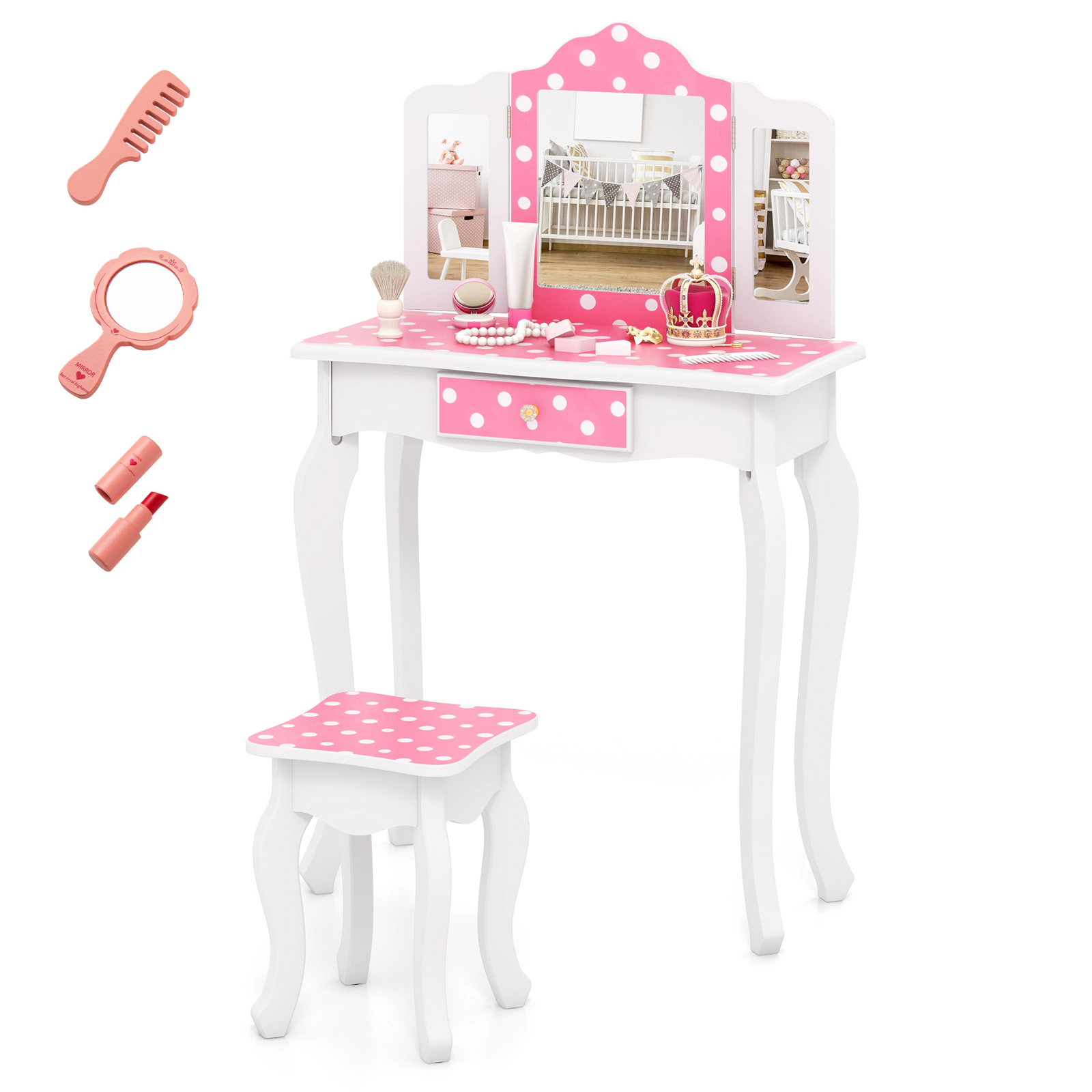 Hivvago Princess Pretend Play Makeup Dressing Table with Cute Polka Dot Print