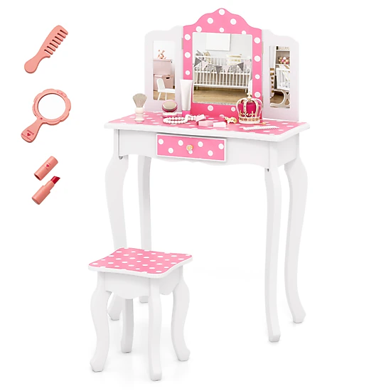 Hivvago Princess Pretend Play Makeup Dressing Table with Cute Polka Dot Print
