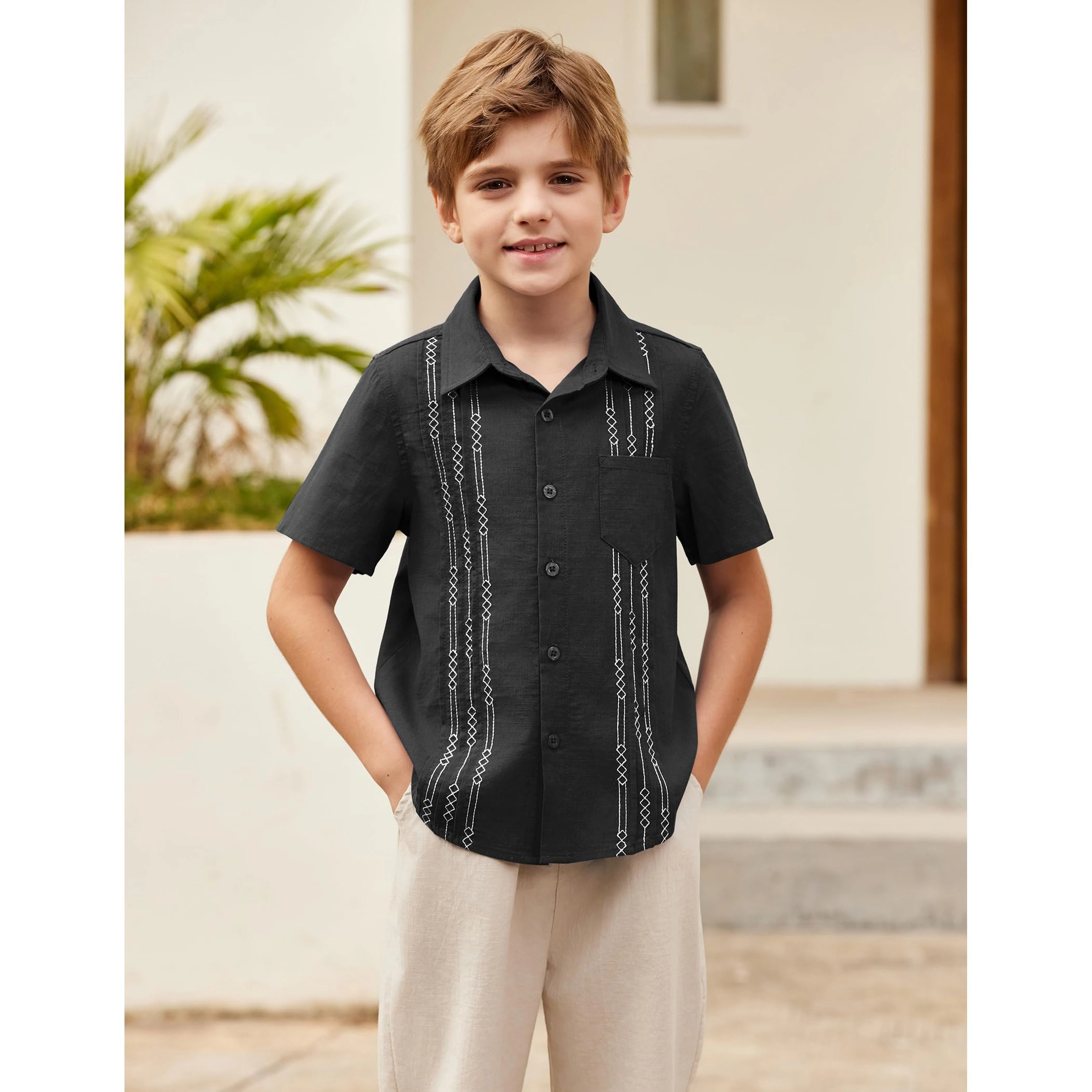 Arshiner Boys Cotton Linen Cuban Guayabera Shirt Casual Short Sleeve Button Down Shirts Summer