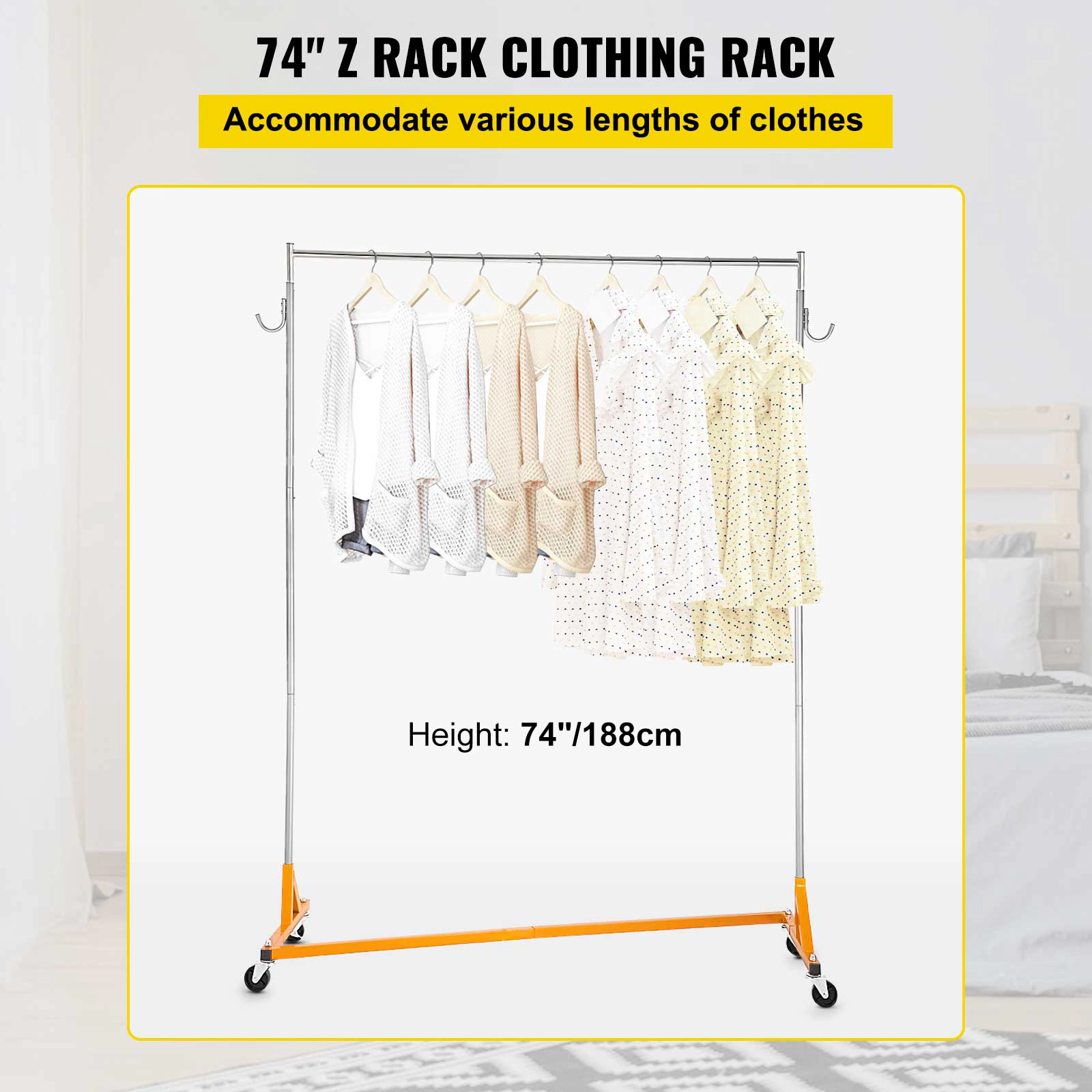 HONGGE Industrial Grade Z Base Garment Rack with Lockable Casters for Home Clothing Store Display