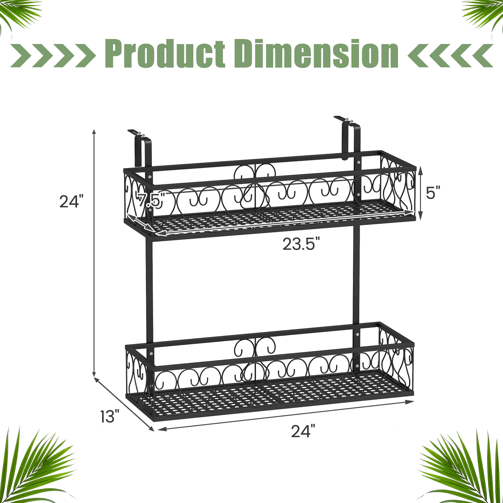 Slickblue 2 Tier Balcony Railing Plant Stand Metal Flower Rack with Adjustable Hook Mount