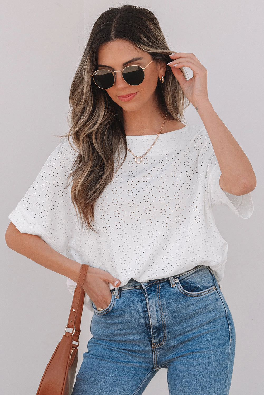 Threaded Pear Women's Faye Eyelet Pattern Casual Top
