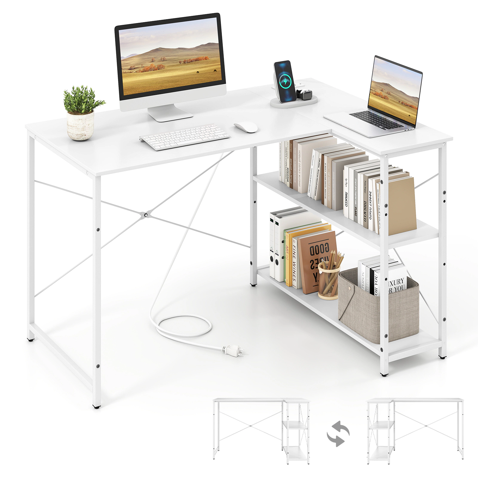 SUGIFT White Reversible L-Shaped Corner Desk with Removable Shelf and Charging Station