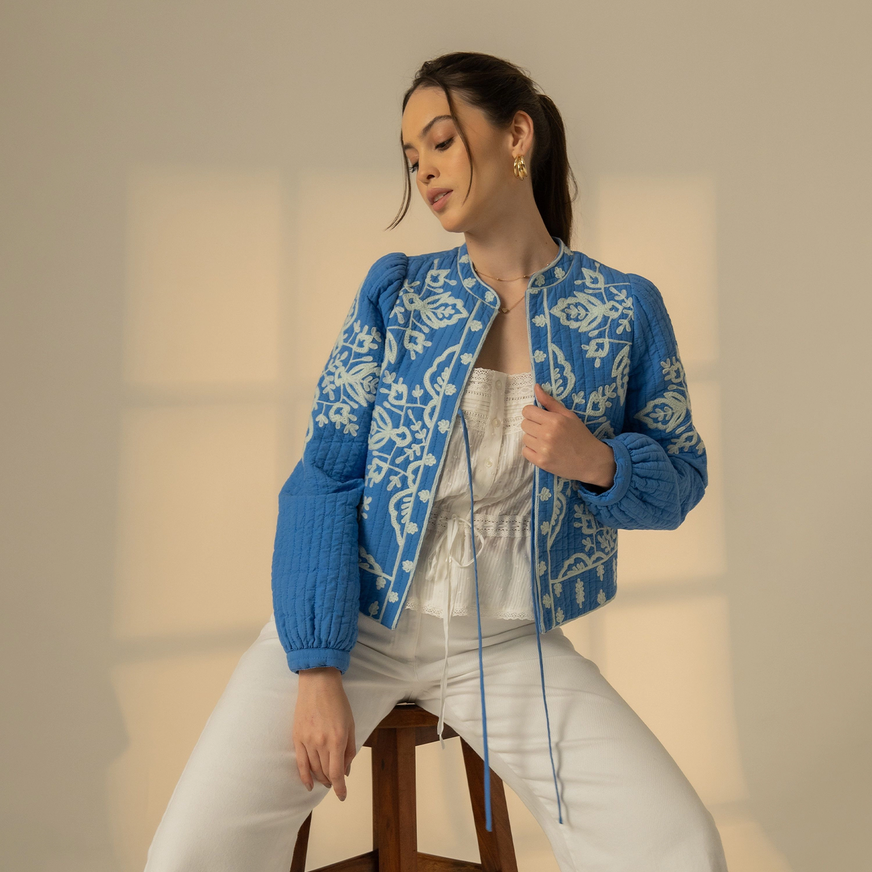 Rose & Nancy Women's Lori Blue Embroidered Quilted Jacket