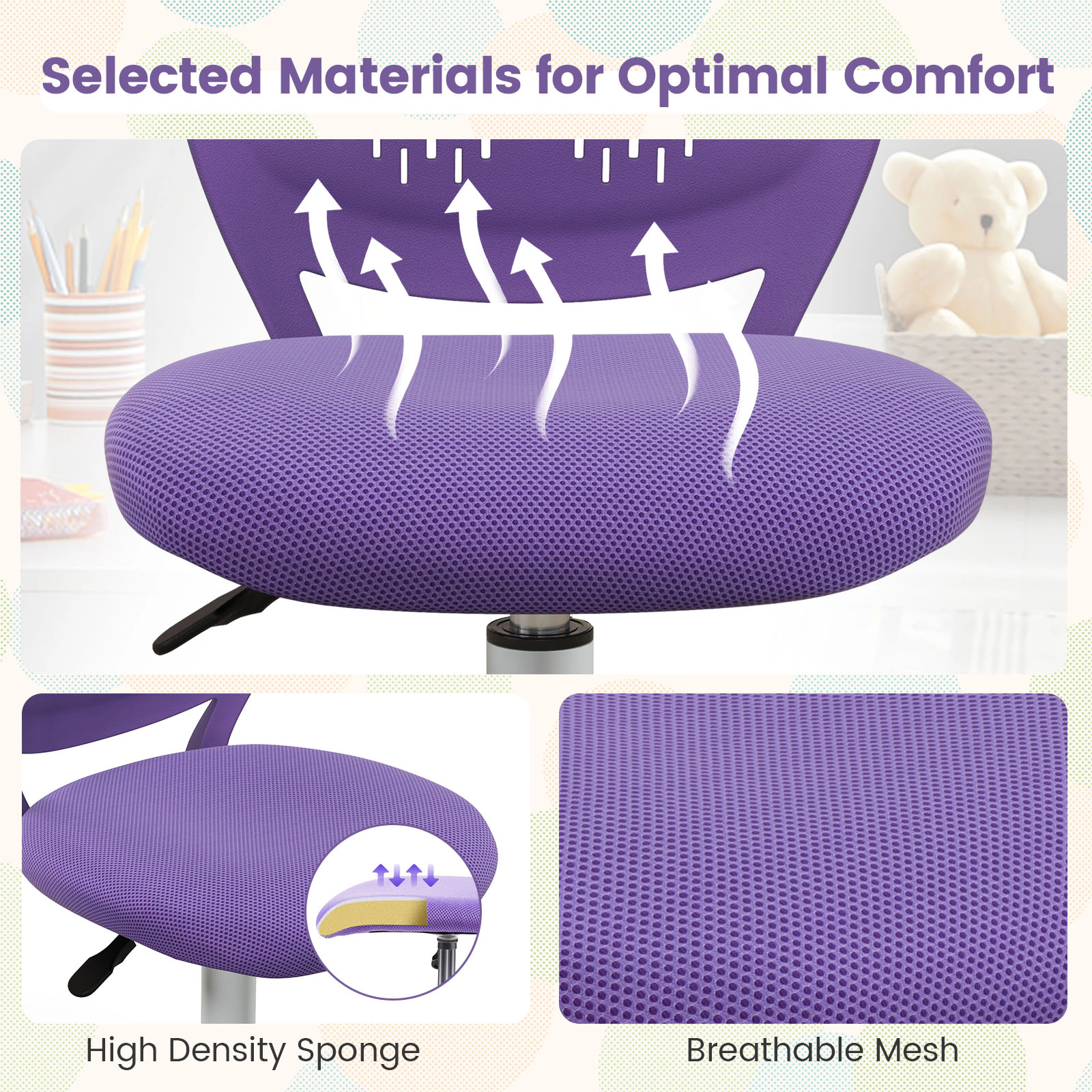 SUGIFT Ergonomic Mesh Kids Study Chair with Adjustable Height 250-lb Capacity Sponge Seat Ages Vary Purple