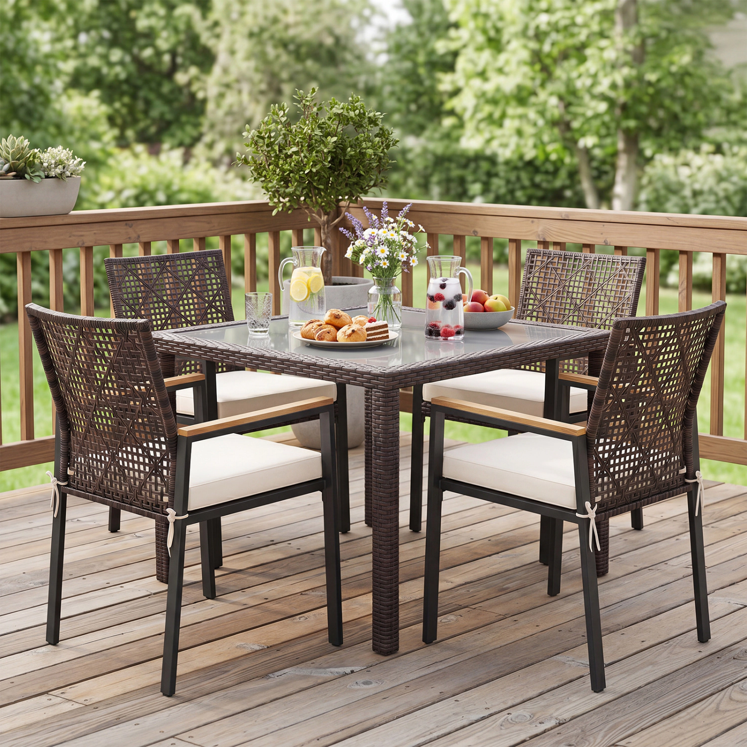 LJG Hand-Woven PE Patio Dining Chairs Set of 4 with Acacia Wood Armrests for Yard