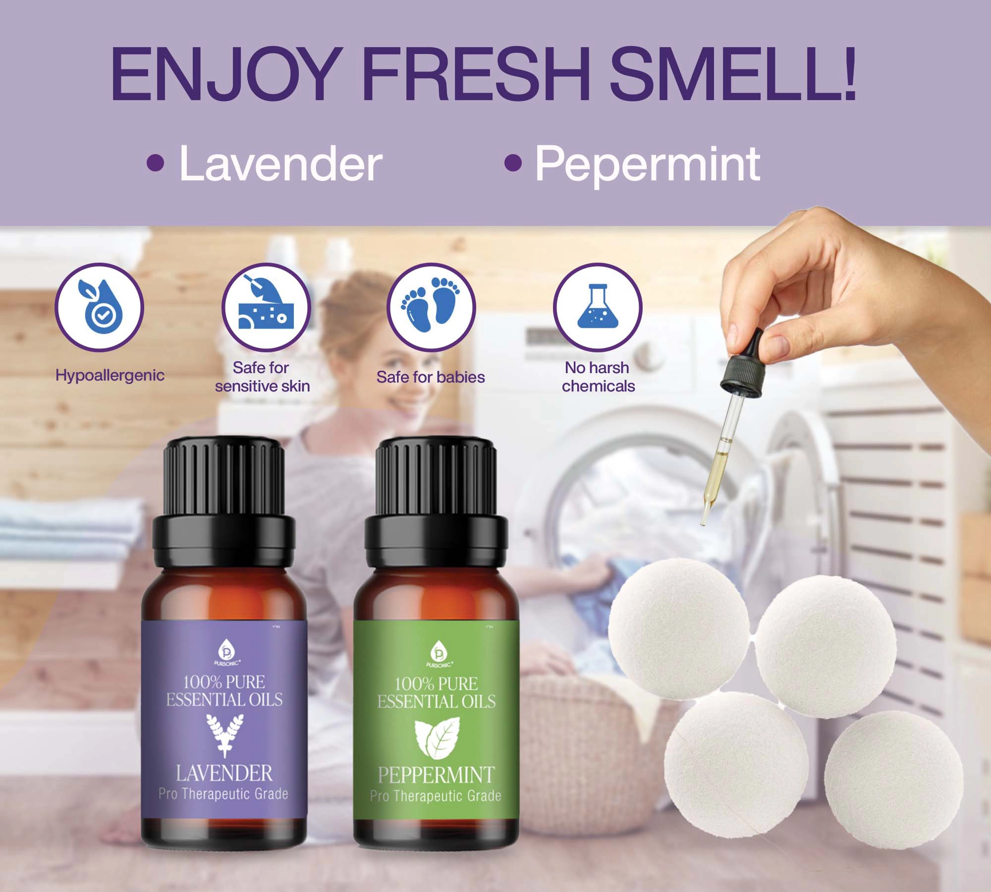 Pursonic Unisex Eco-Friendly Reusable Wool Dryer Balls with Lavender & Peppermint Oils
