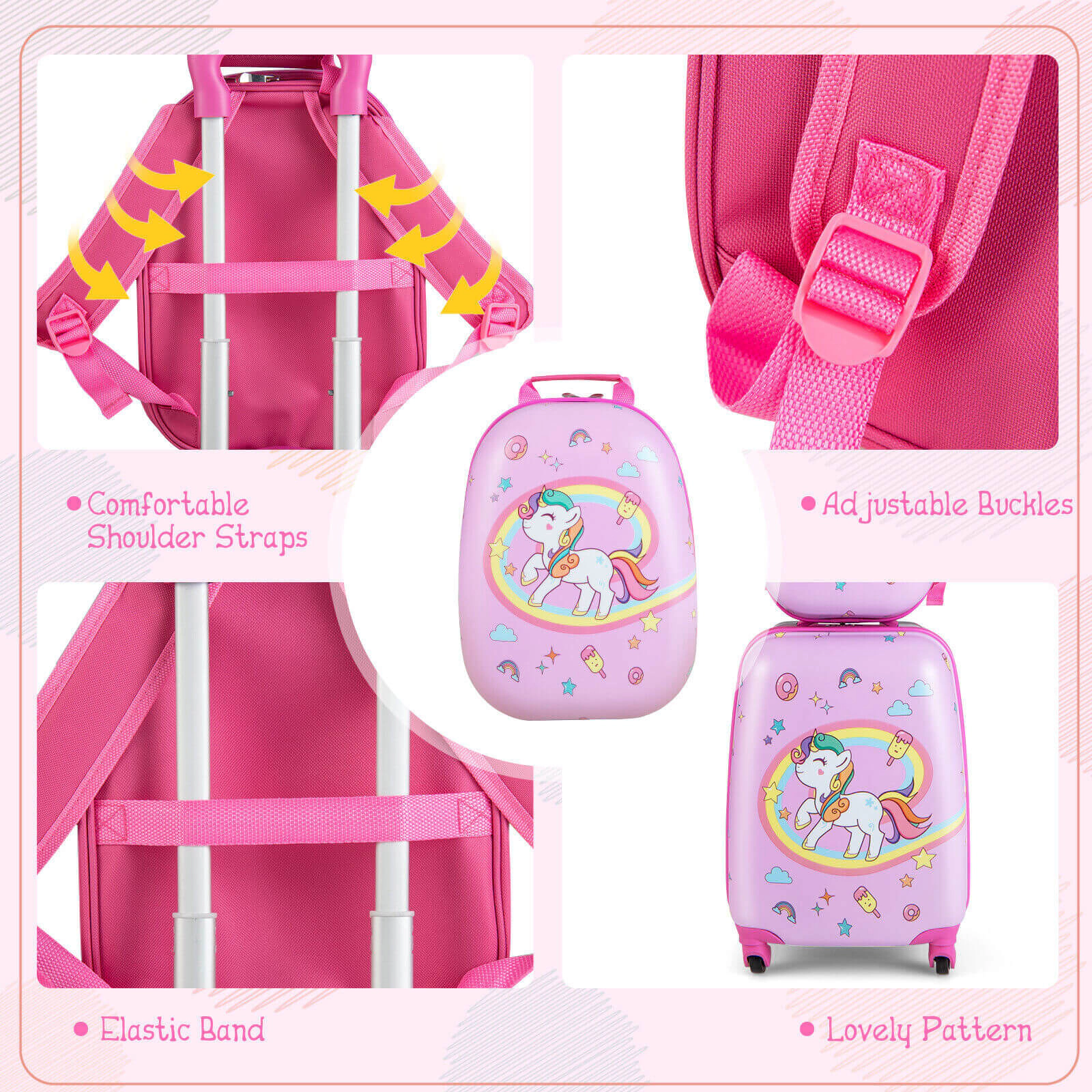 SUGIFT Kids Carry-on Hardside Luggage with 12.5-in Suitcase and 13-in Backpack Pink