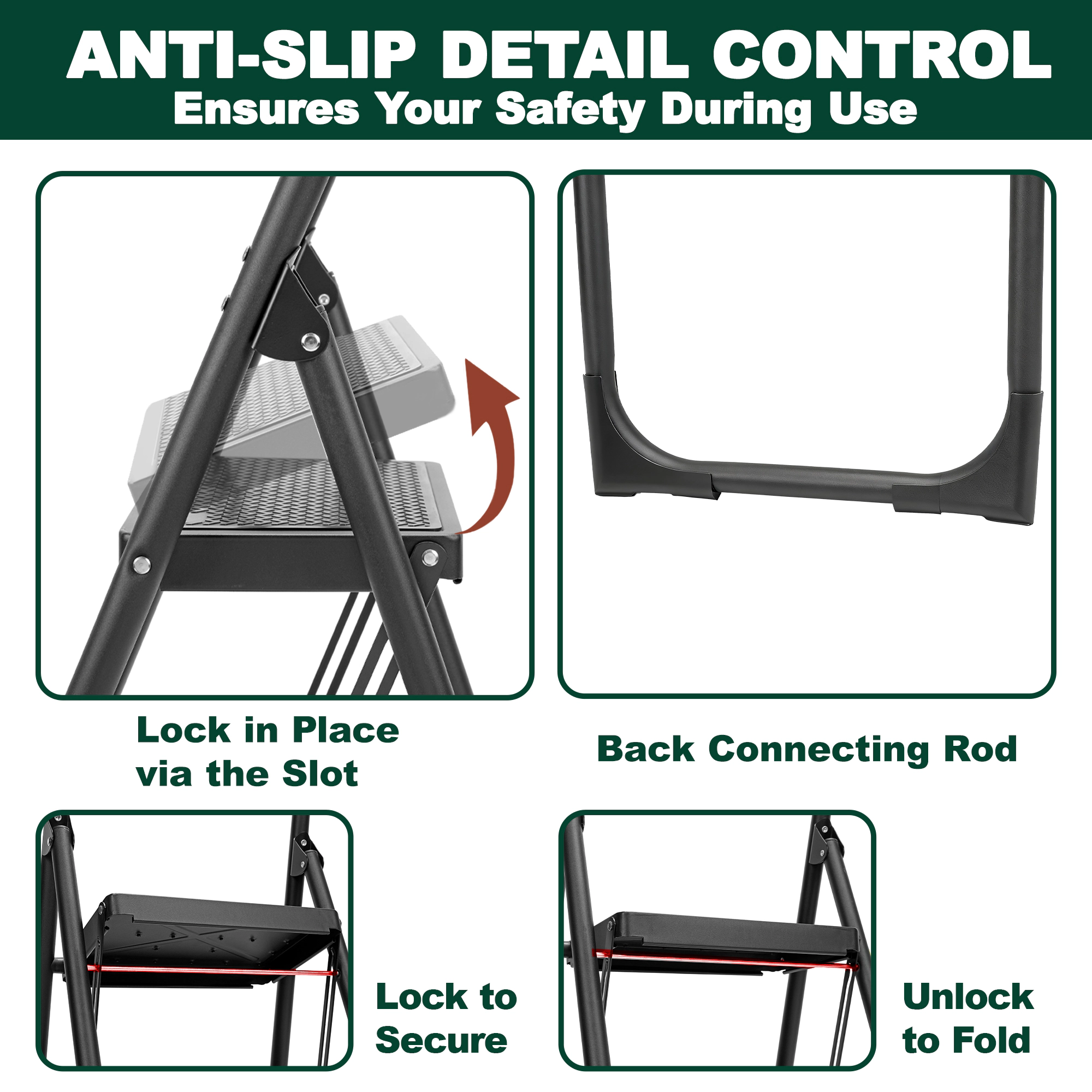 Flynama Step Ladder- 330lb Capacity Steel Foldable Step Stool (Black
