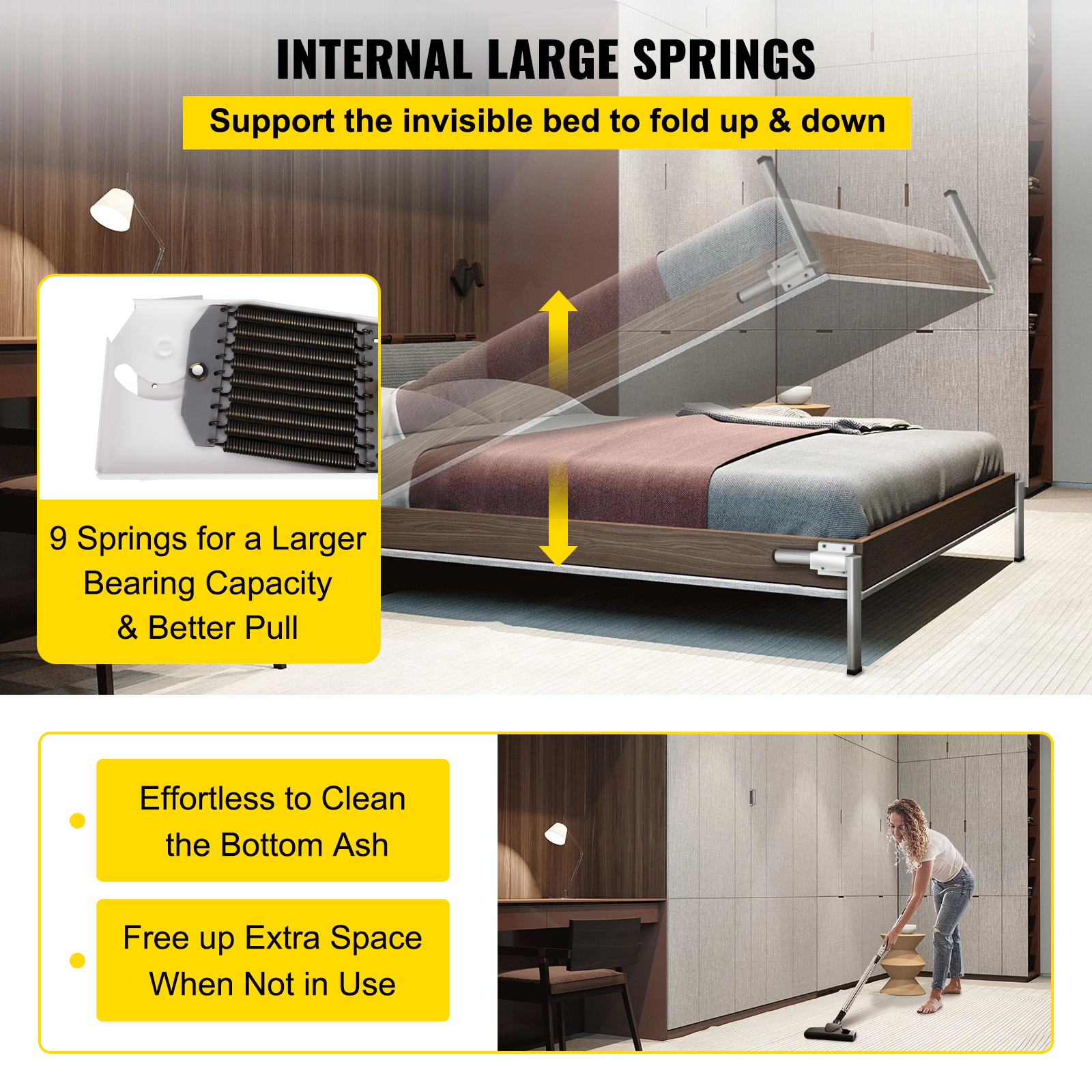 HONGGE Murphy Mounting Wall Springs Mechanism Heavy Duty Support Hardware DIY Kit for Queen Bed White