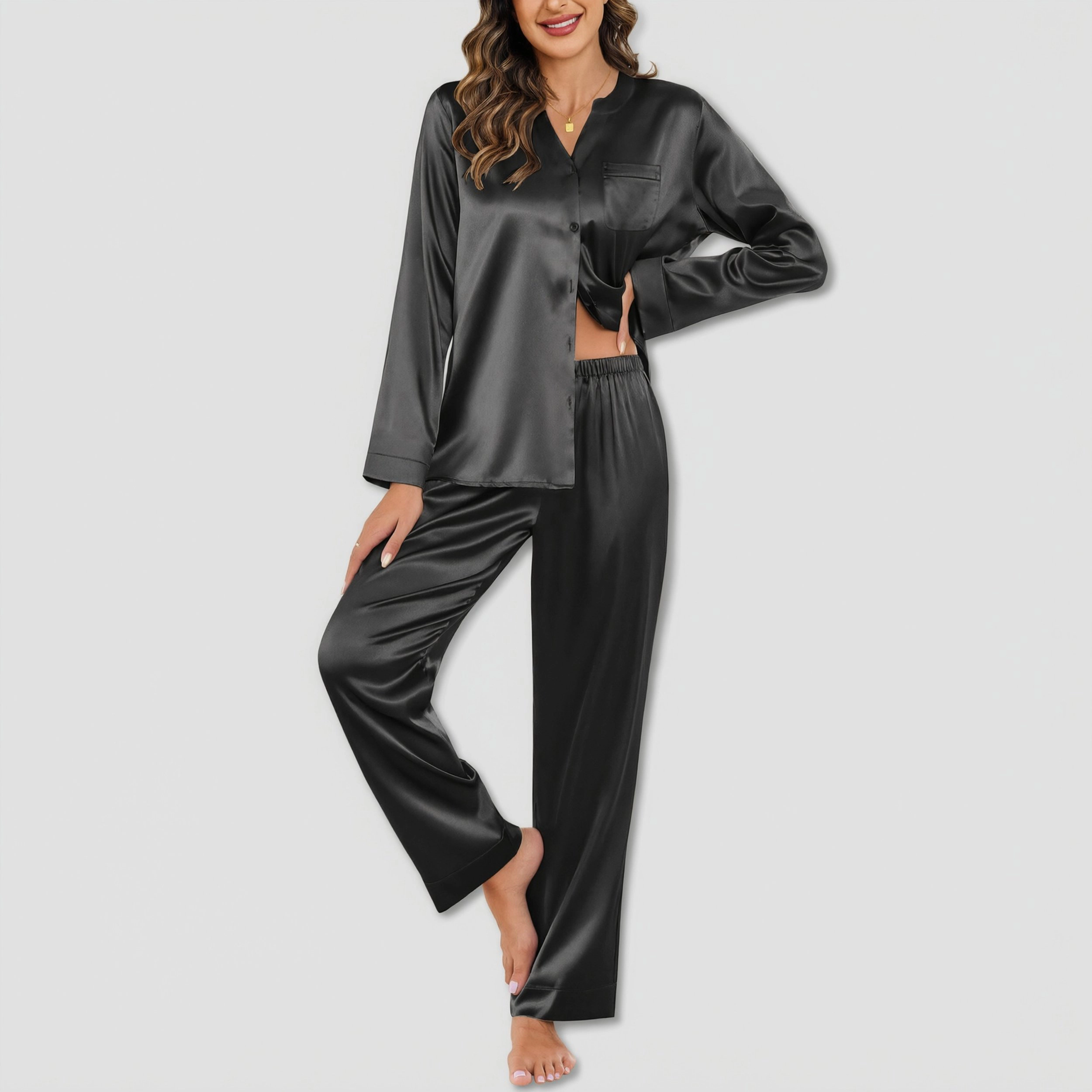 Ekouaer Silk Pajamas Two Piece Set Satin Long Sleeve Button Up Sleepwear Comfy Lounge sets