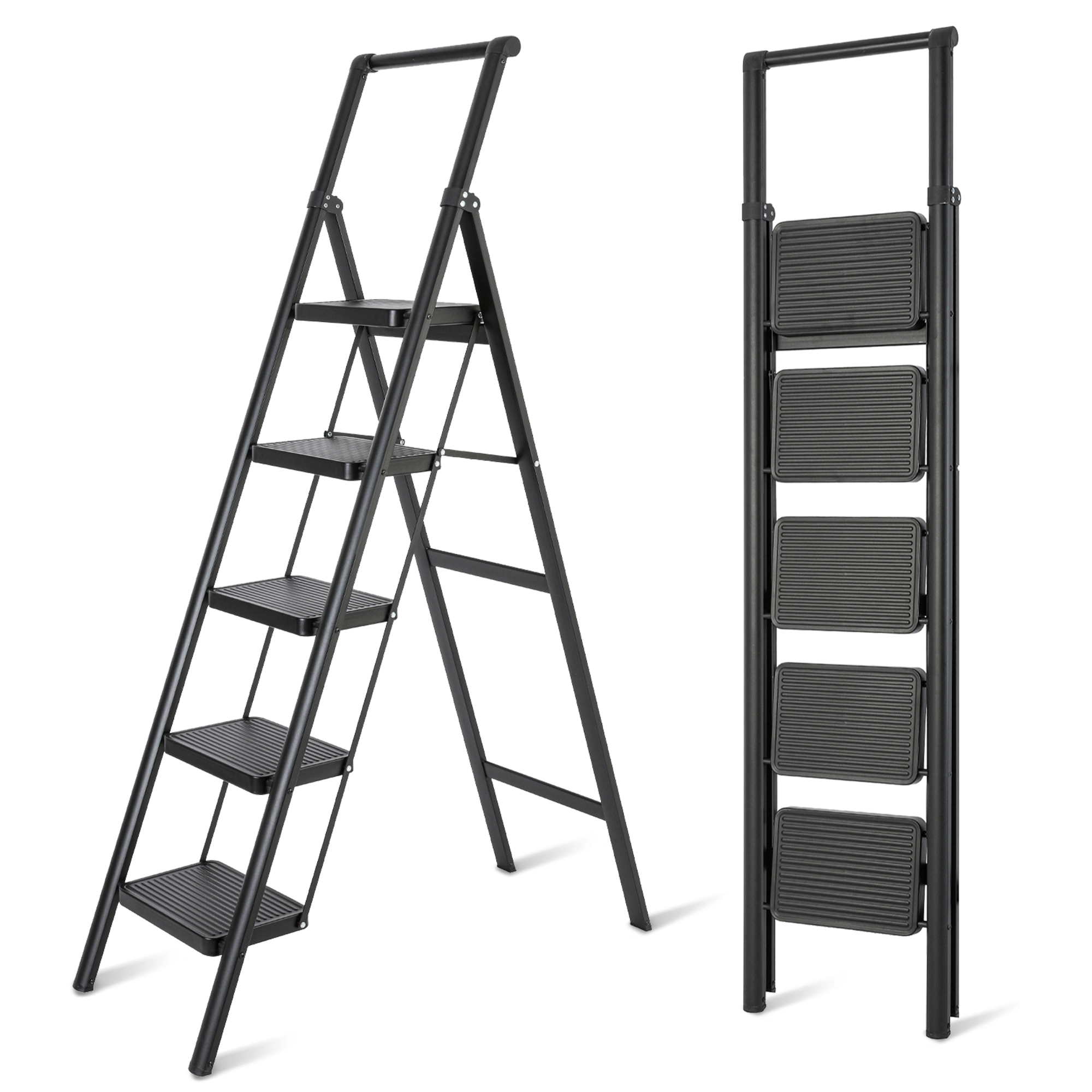 XJ 5 Step Ladder- 330lb Capacity Steel Foldable Step Stool (Black)
