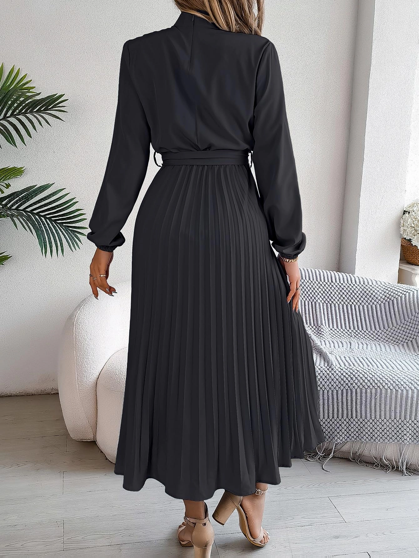 KOJOOIN Women's Pleated Midi Dress Mock Neck Long Sleeve Flowy A‑Line Wedding Guest Formal Dresses