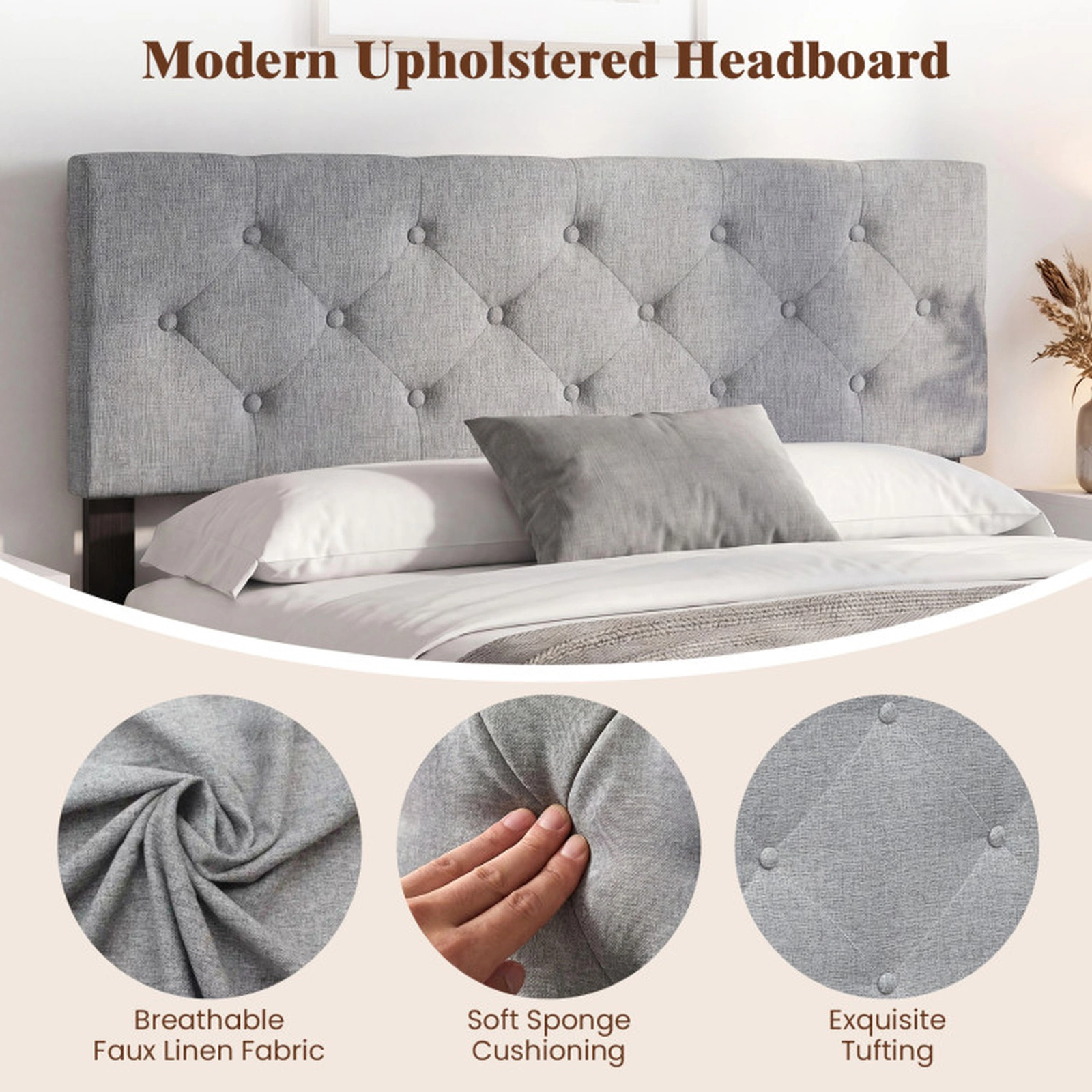 SUGIFT Tufted Faux Linen Panel Headboard for Full/Queen Beds 47-in Tall 63-in Wide Adjustable 55-in Leg Width Beige