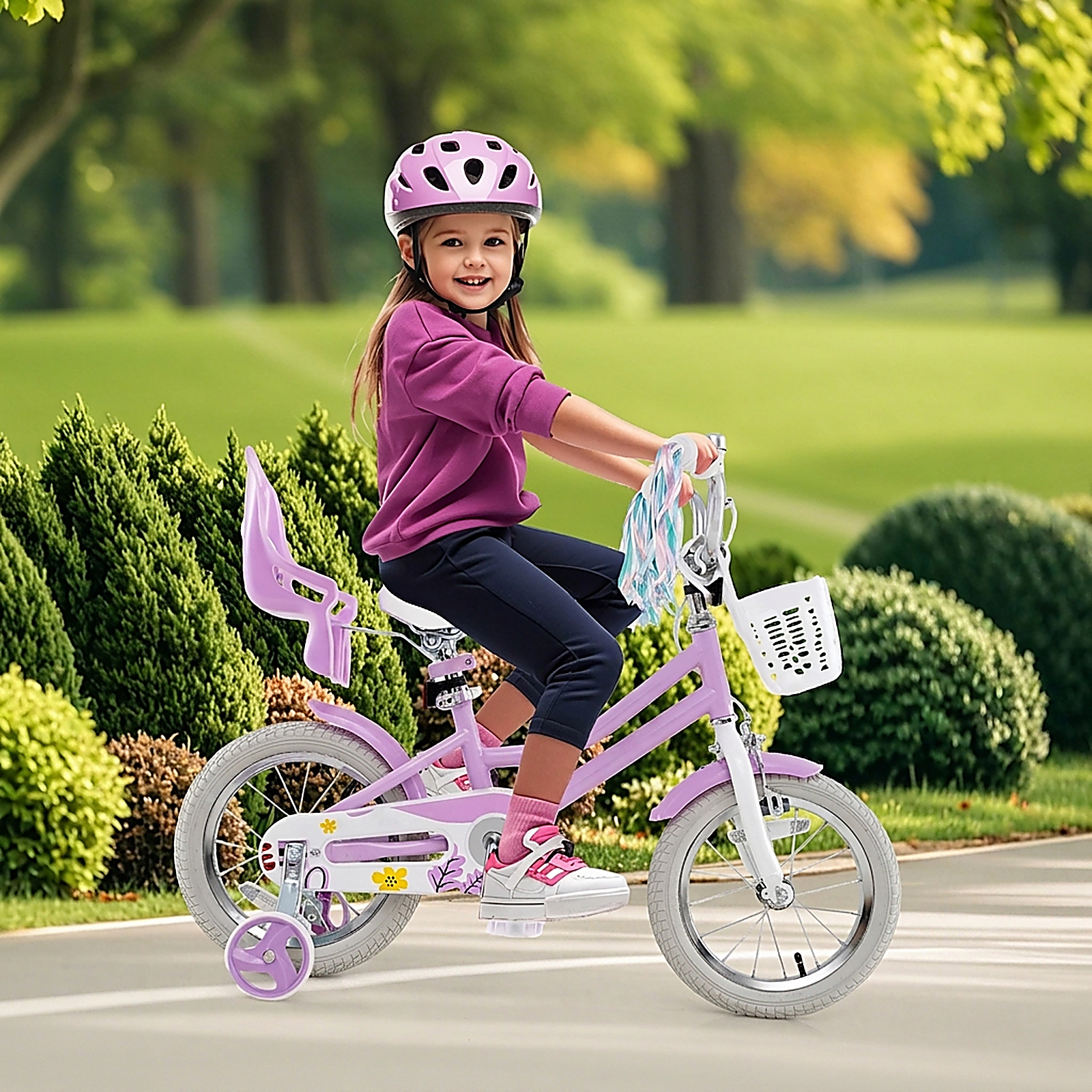 SUGIFT 14-Inch Girls Kids Bicycle with Dual Brake System Doll Seat and Streamers 145-lb Capacity Ages 3-5 Rose Red -30.5