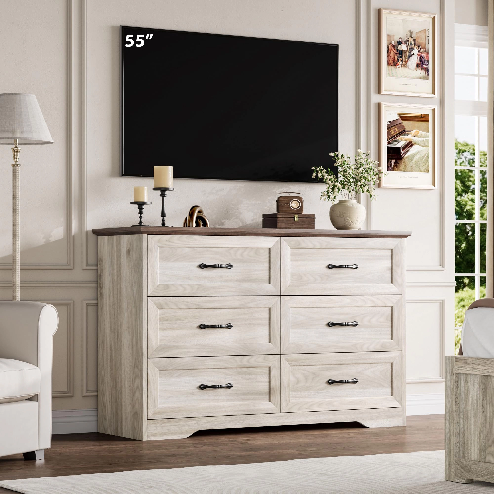 Farmhouse 6 Drawer Dresser with Metal Handles, 47.2" Wide Wooden Storage Cabinet for Bedroom