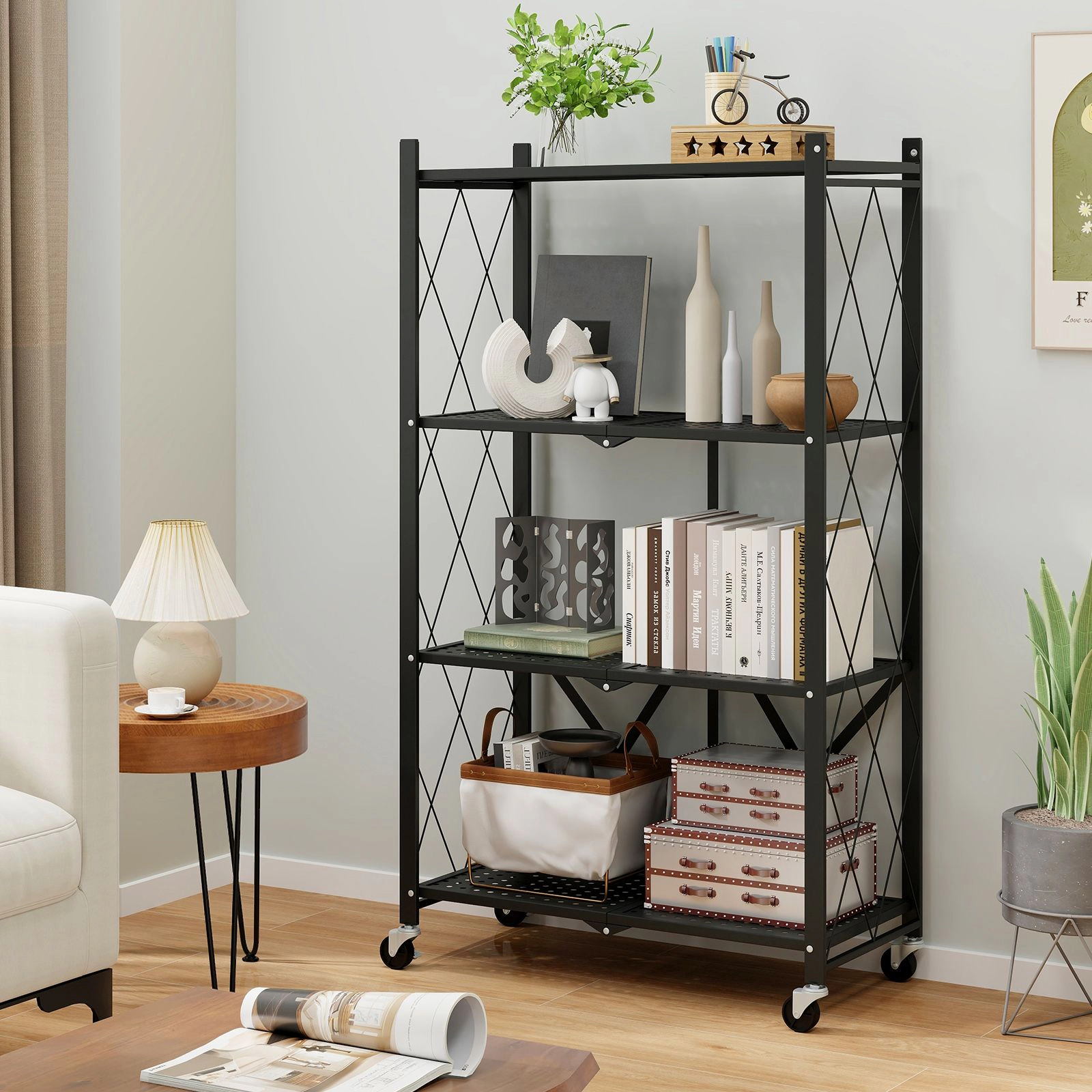 SlickBlue 4 Tier Rolling Storage Rack with Foldable Metal Frame and Wheels
