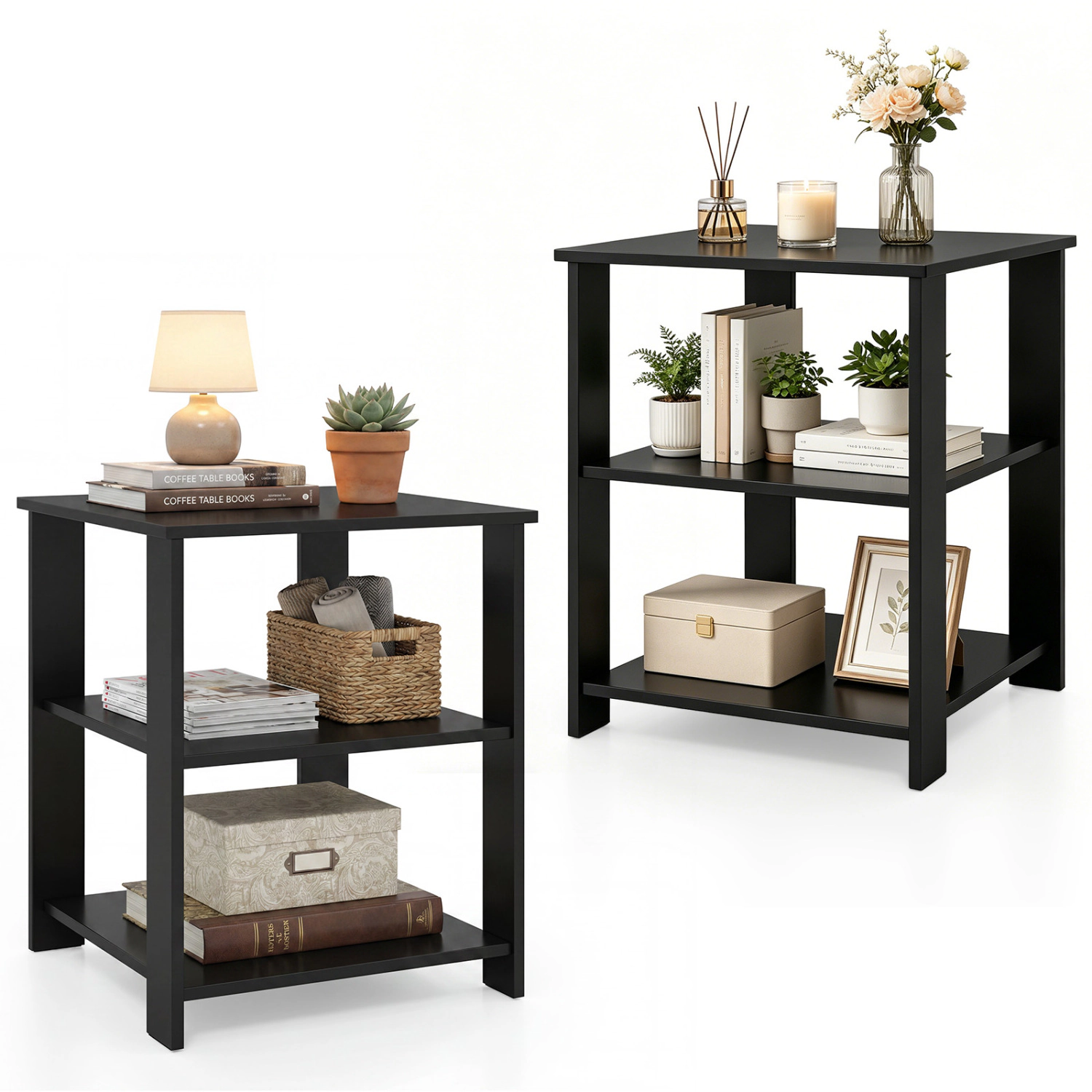 LJG 3-Tier Modern Nightstand Square Side Table with Open Storage Shelves Set of 2
