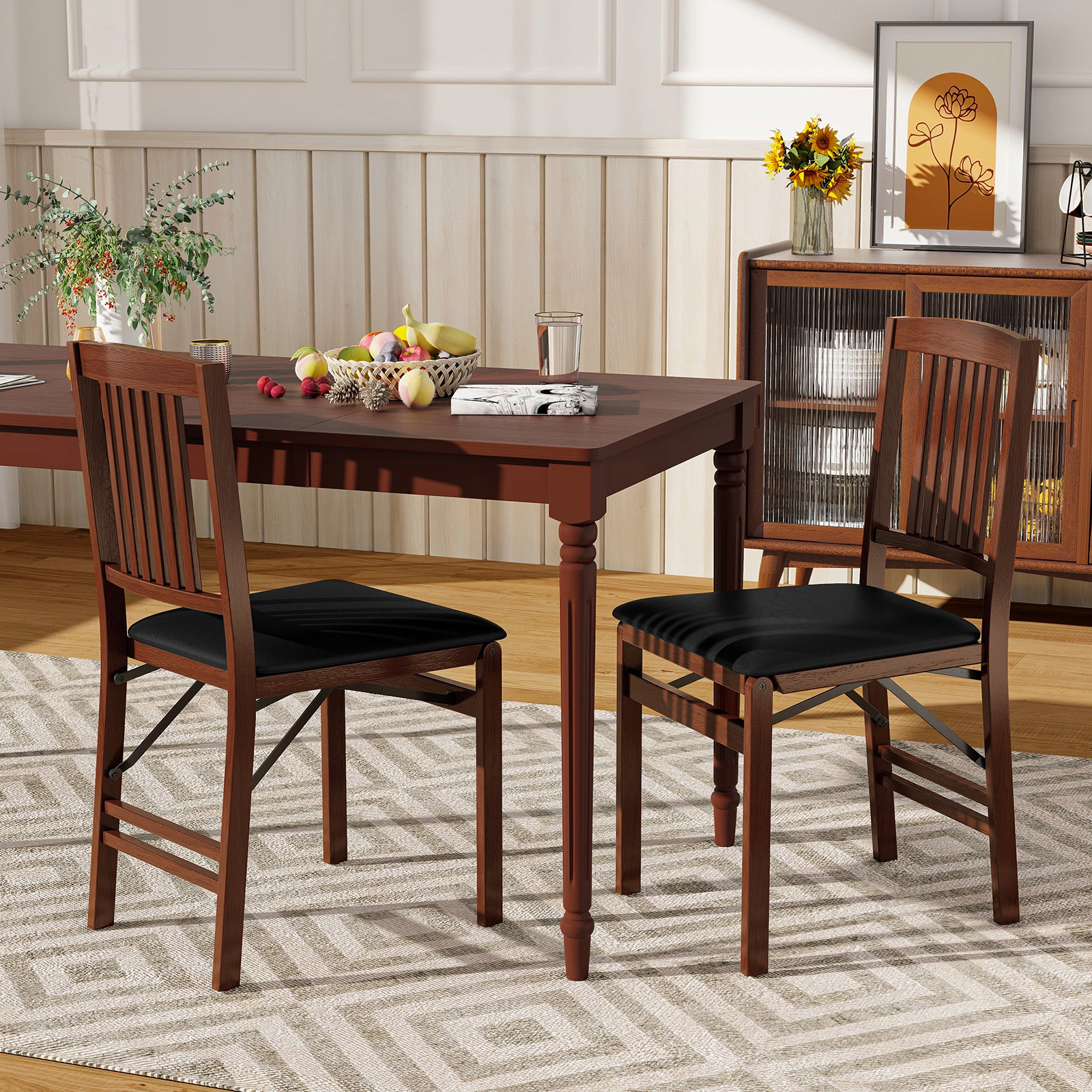 SUGIFT Set of 2 Foldable Upholstered Kitchen Chairs with Padded PVC Seat 420-Lb Capacity Brown + Black