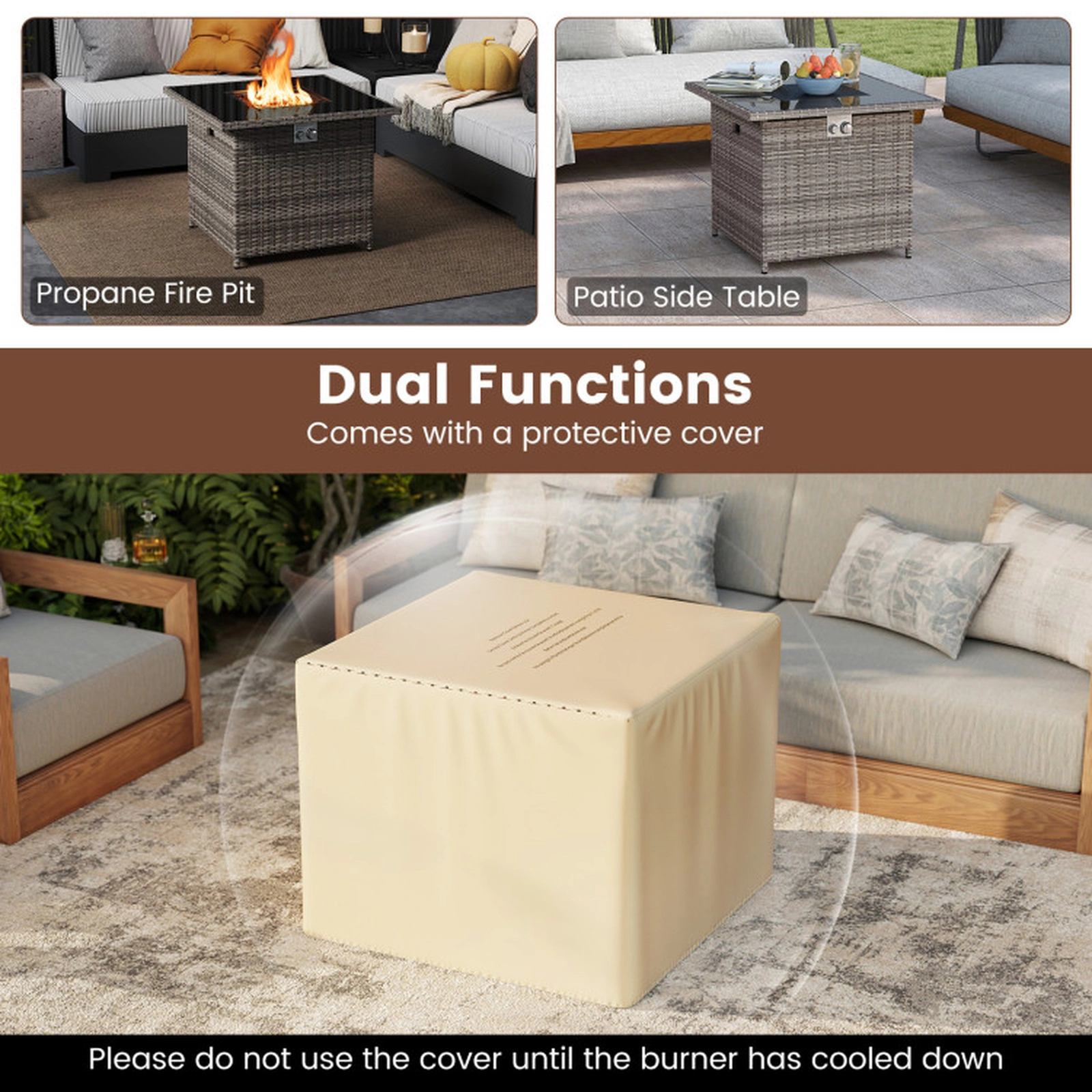 SUGIFT Square Gray Wicker Propane Fire Pit Table with Lid 32.5-in W 32.5-in D 26-in H 220-lb Tabletop Capacity
