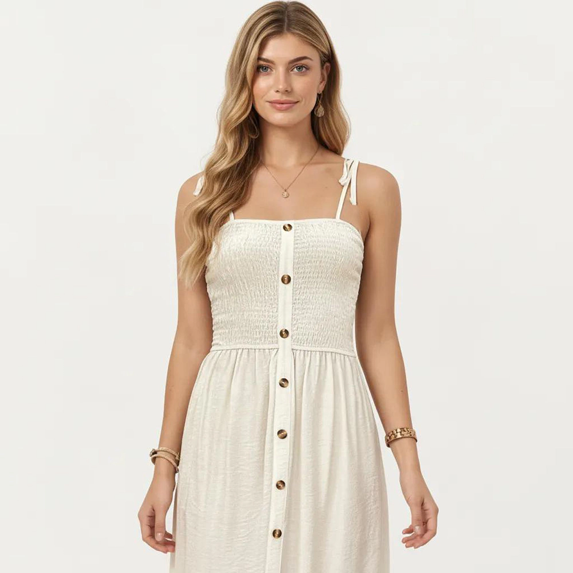 Anna-Kaci Womens Smocked Button-Front Maxi Dress with Tie Shoulder Straps