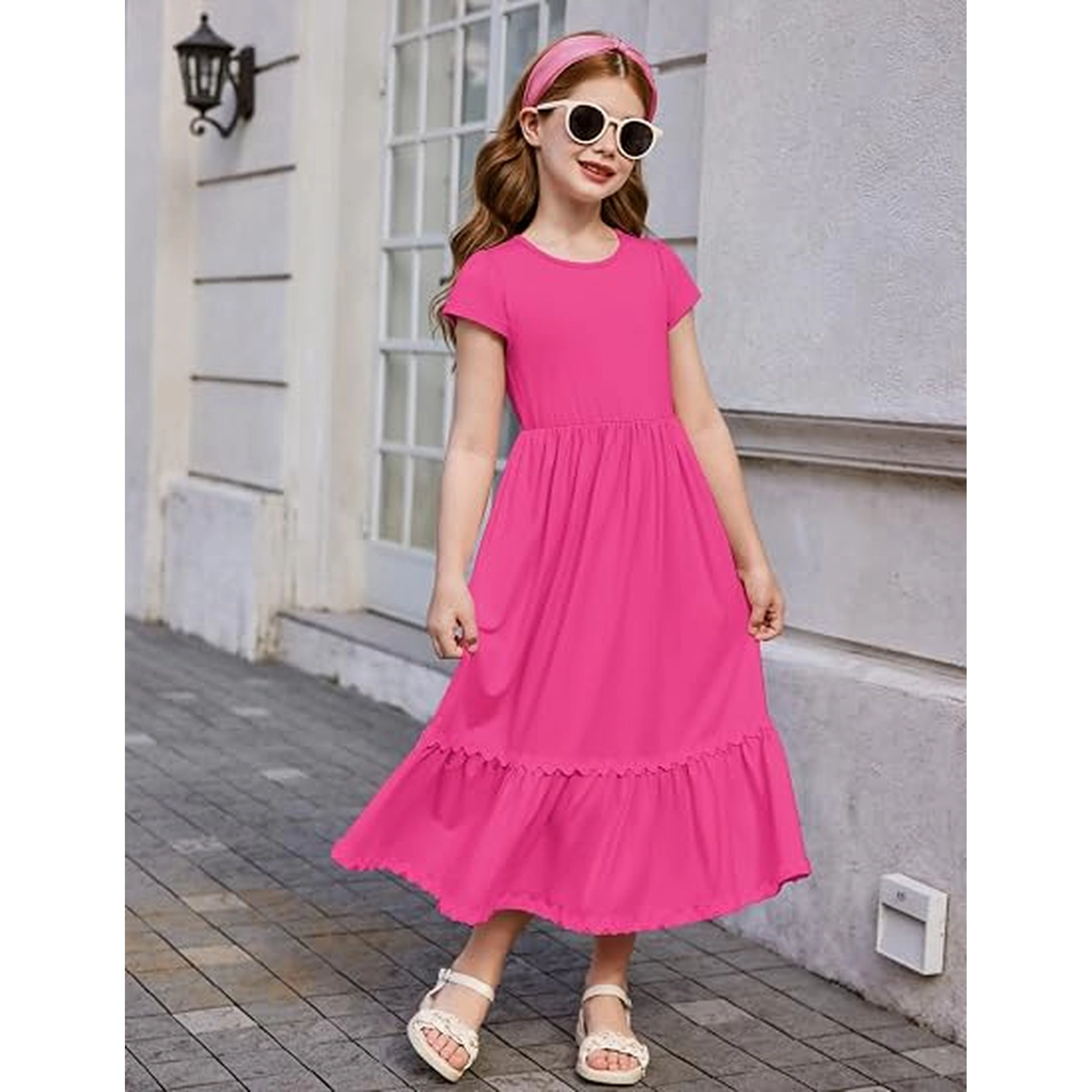 Arshiner Girl's Short Sleeve Flowy Tiered Maxi Dress