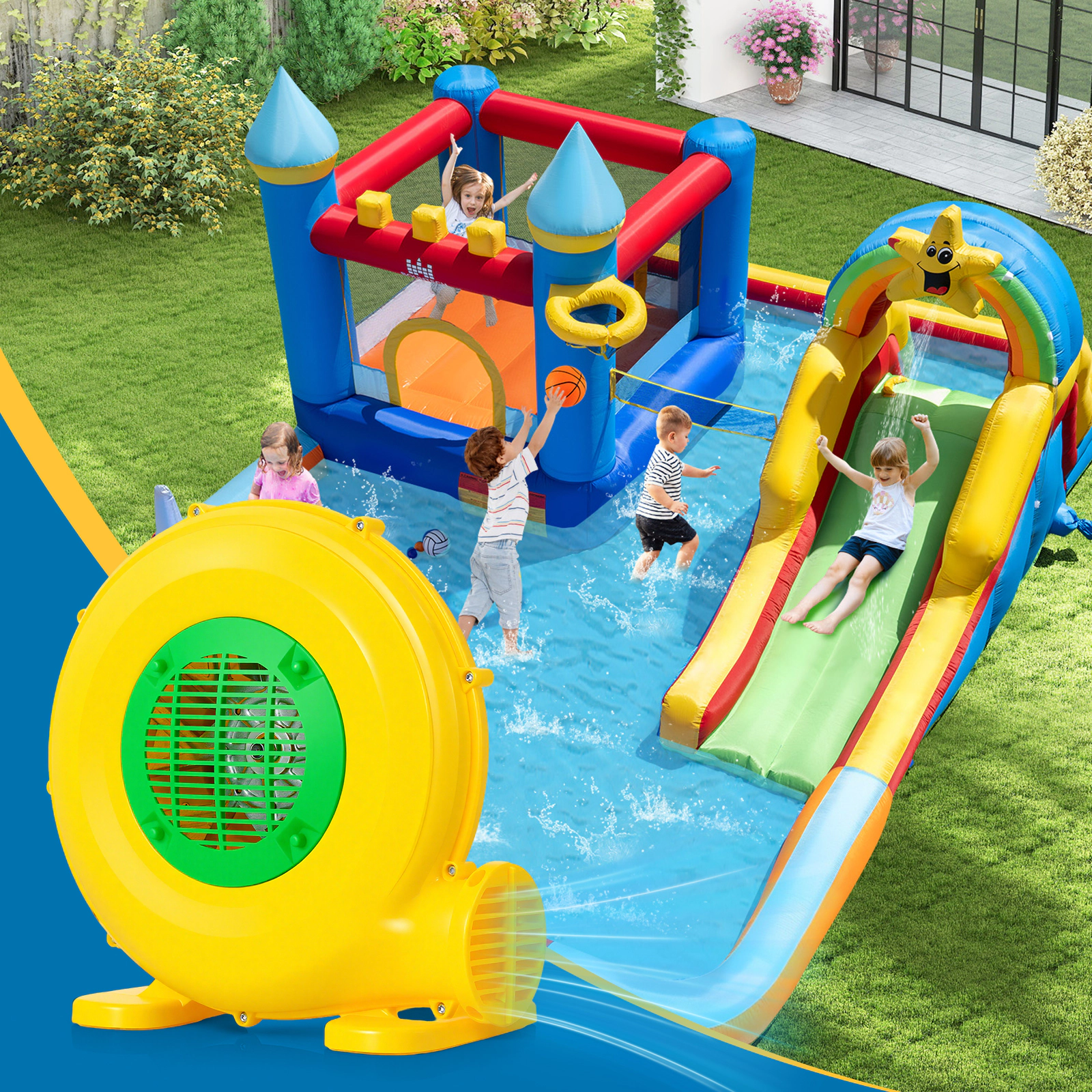 SUGIFT Yellow 480W Blower for Kids Bounce House with Carry Handle and 2 Ground Stakes 14-in W 7.5-in D 13.5-in H