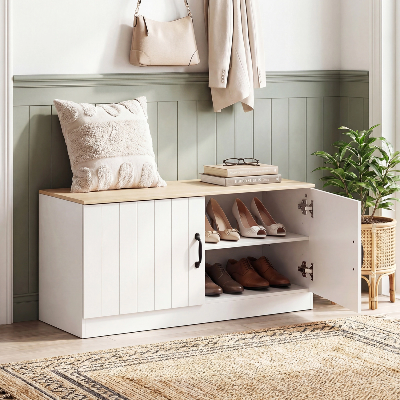 SUGIFT 2-Door Shoe Bench Shoe Storage Cabinet Adjustable Shelves 300-lb Top Capacity 44-lb Shelf Capacity Natural/White
