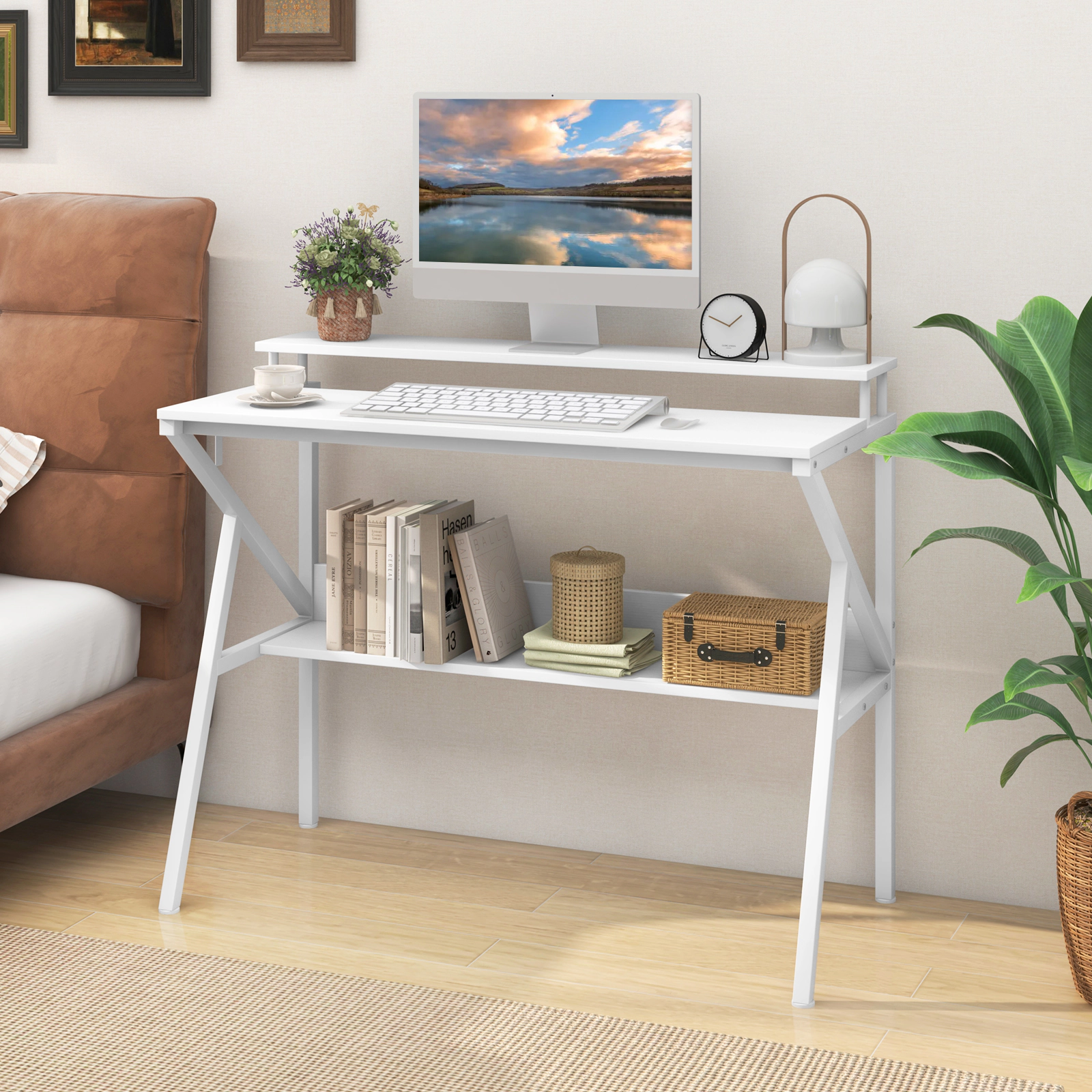 SUGIFT 39.5-Inch Computer Desk with Monitor Stand, Bottom Shelf and Removable Hook