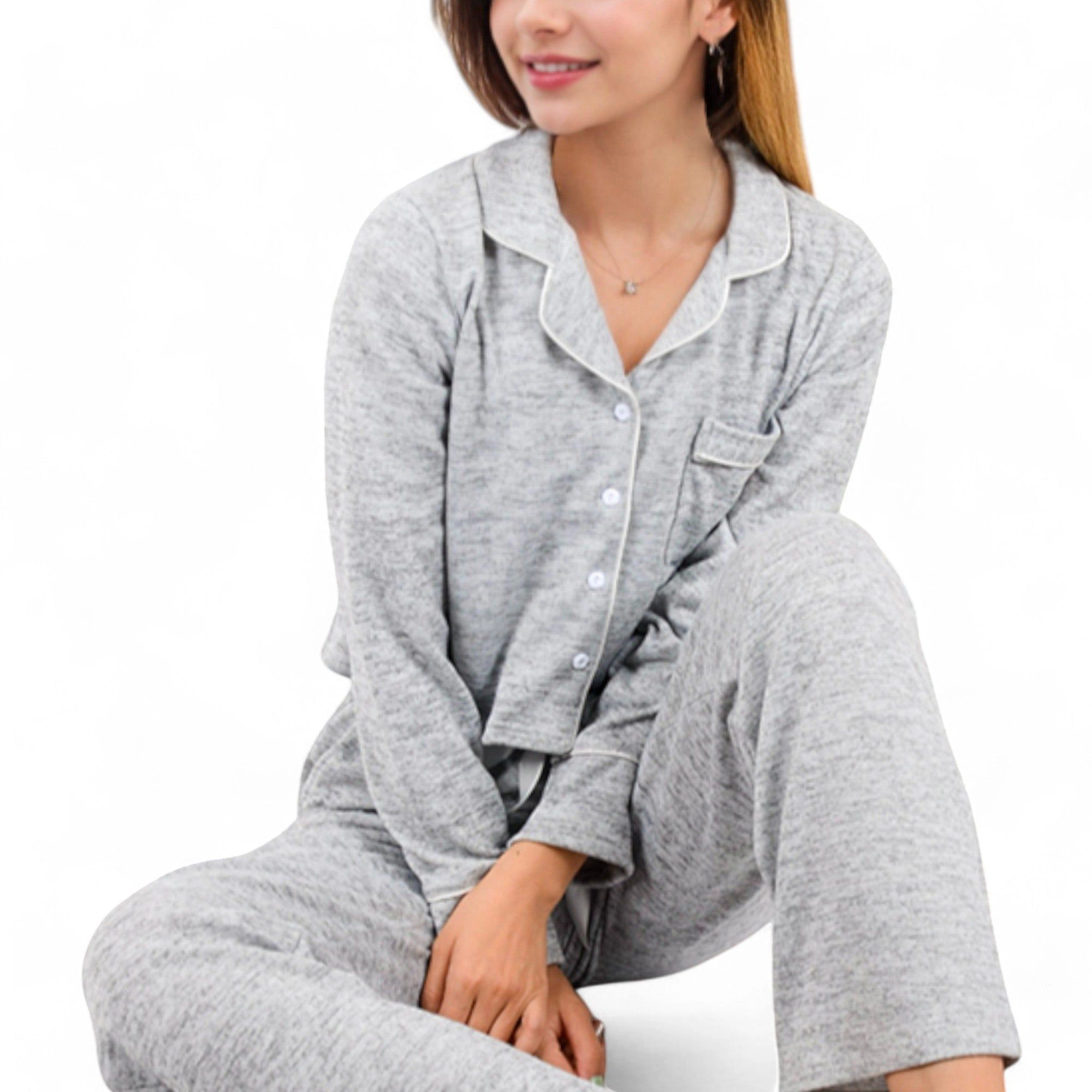 Anna-Kaci Women's Long Sleeve Button Up Pajama Set with Piped Trim Details and Relaxed Fit