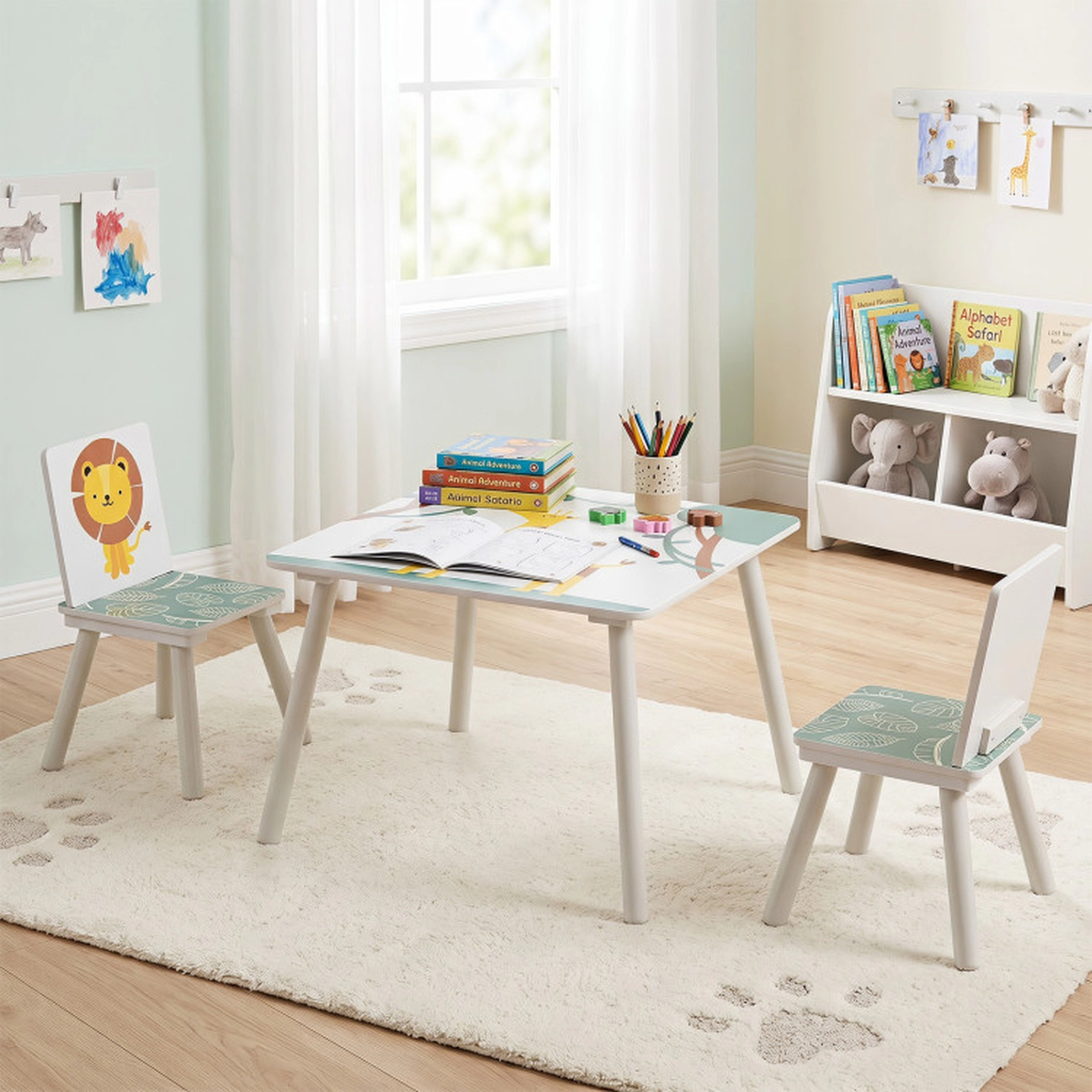SUGIFT White Animal Patterns for Ages 3-6 3-Piece Kids Wooden Table and Chairs Set