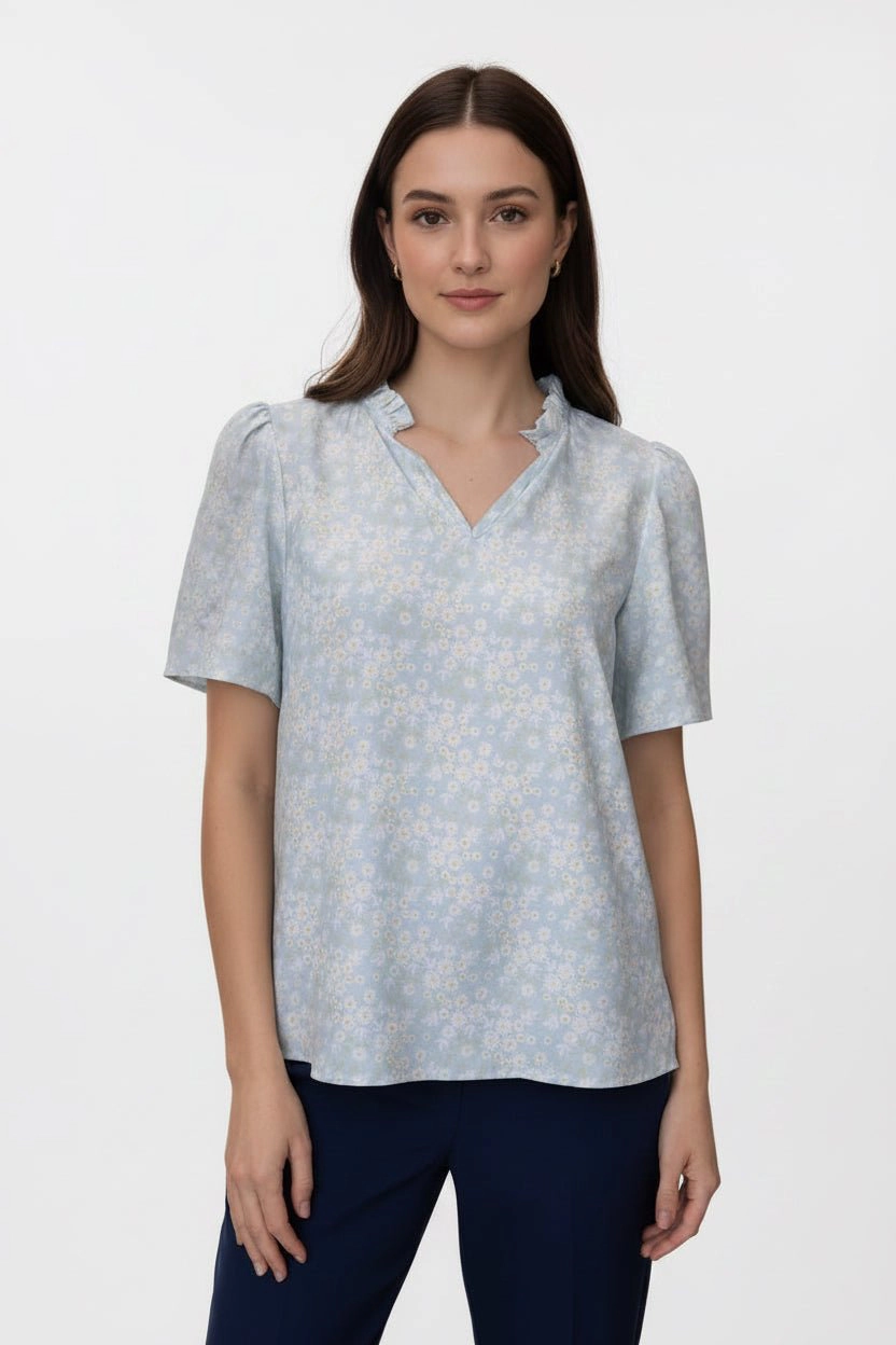 DressAtR Women's Floral Ruffle V Neck Pullover Half Sleeve Blouse