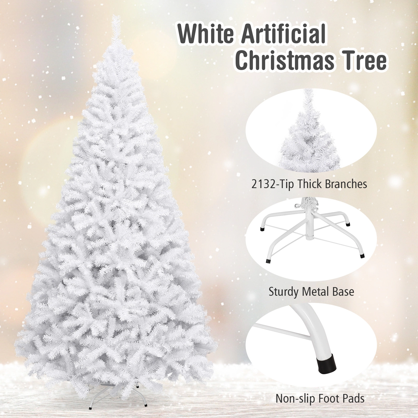 SUGIFT 9-ft Unlit Hinged Artificial Christmas Tree with 2132 PVC Branch Tips and Metal Stand 5-ft Dia White