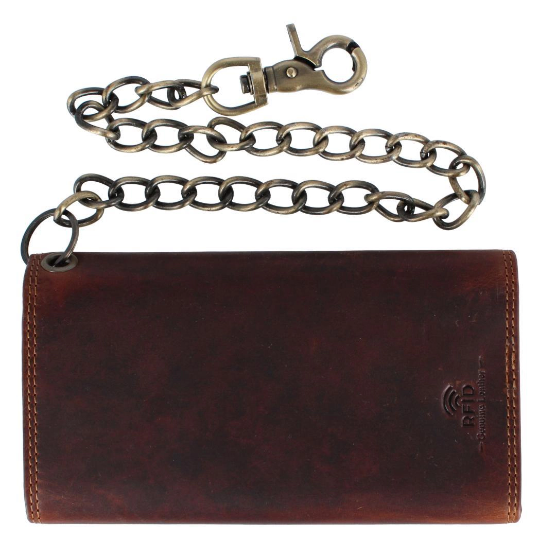 CTM Men's Crazy Horse Leather Long Trifold Checkbook Chain Wallet