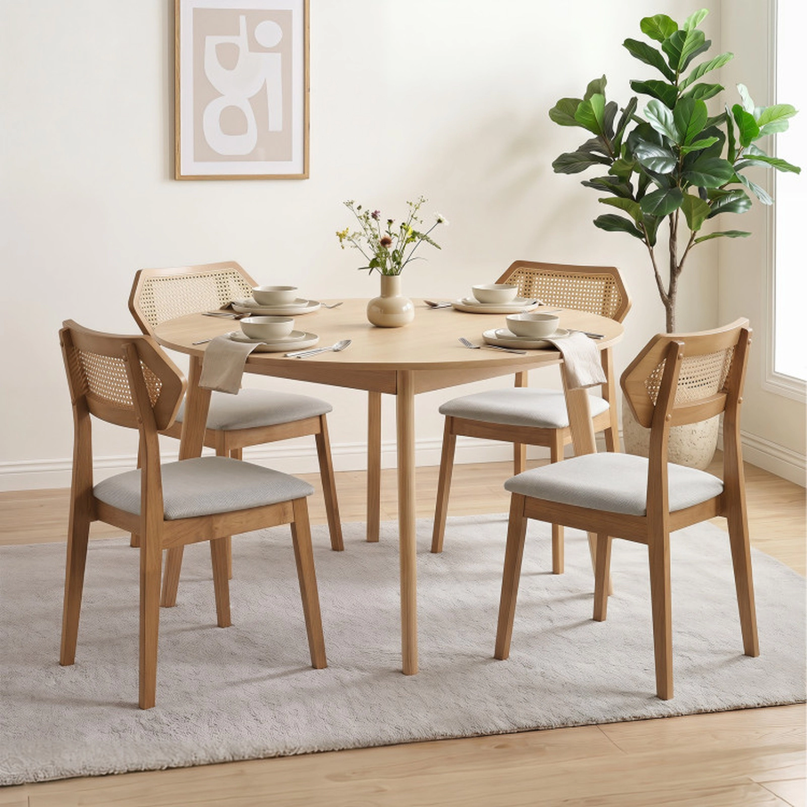 SUGIFT Mid Century Rattan Back Dining Chairs Set of 2 with Solid Wood Frame 330-lb Capacity 33.5-in Tall Natural/Black