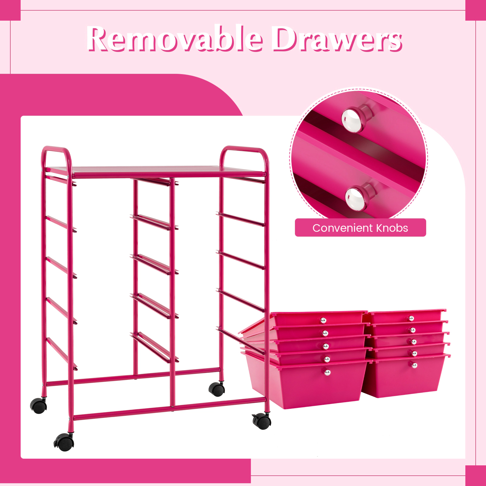 SUGIFT 10-Drawer Rolling Storage Cart with Mesh Top 22-lb Platform Capacity 5.5-lb Drawer Capacity Pink