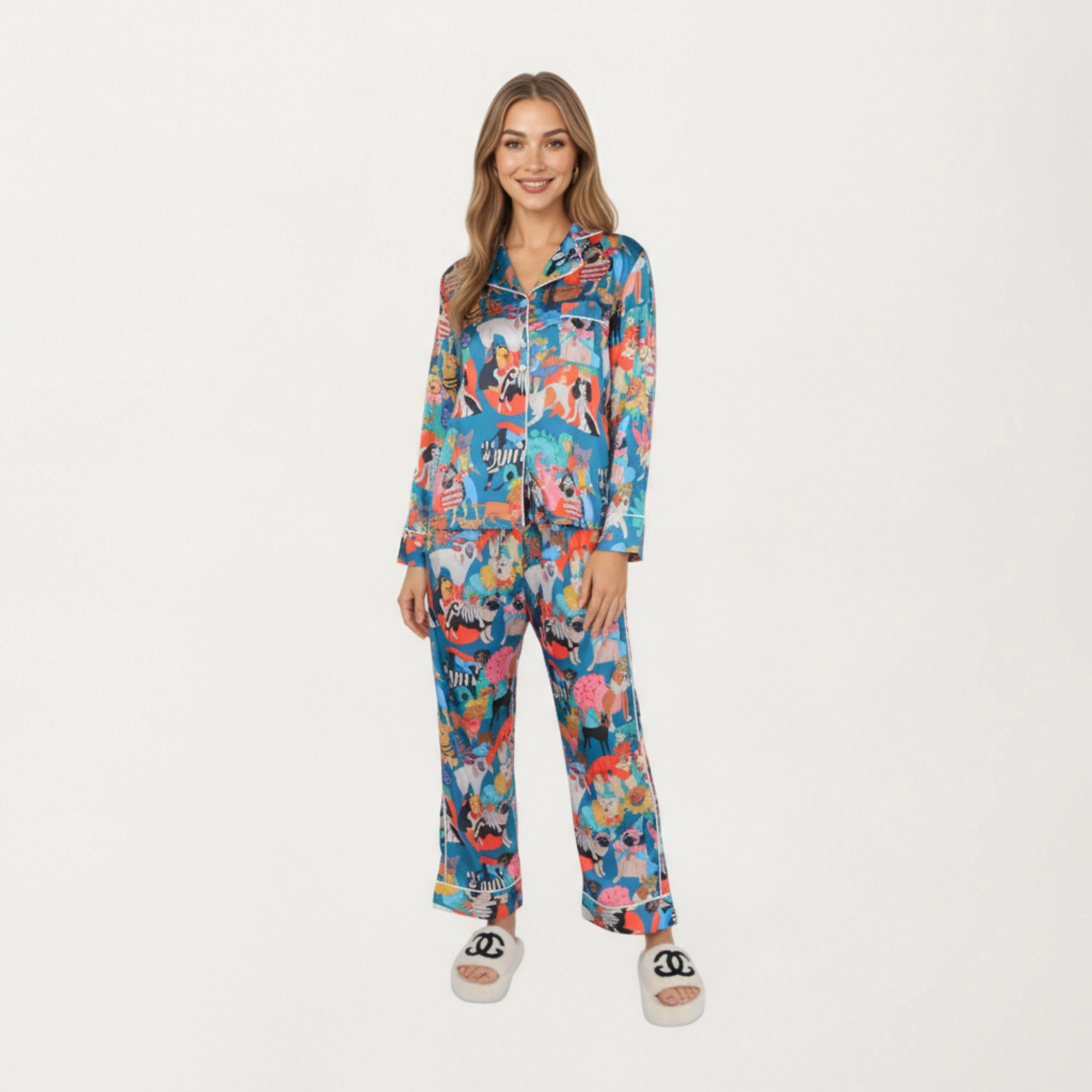 Anna-Kaci Women's 2-Piece Long Sleeve Button Front Top and Relaxed Fit Pants Pajama Set with Playful Dog Print