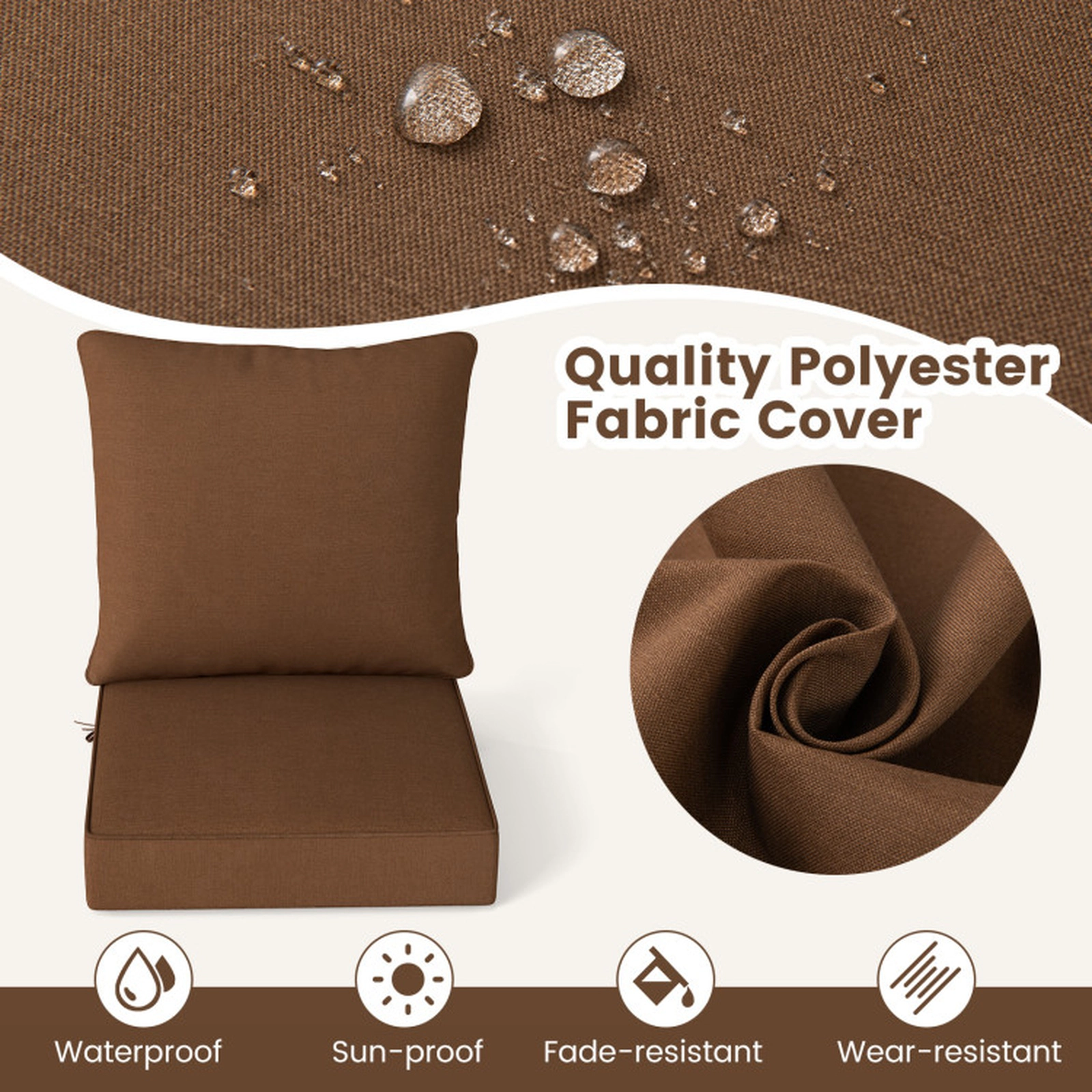 SUGIFT Deep Seat Chair Cushion Pads Set with Rope Belts for Indoor and Outdoor Brown