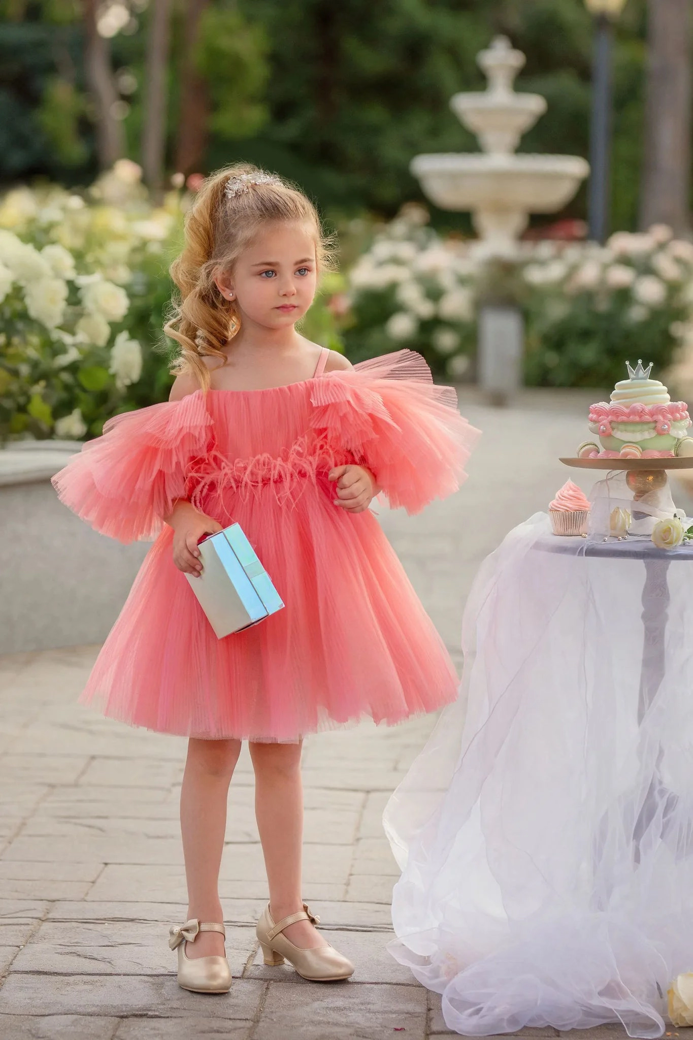 Faeella Girls Blush Feather Fairy Tulle Flower Girl Dress